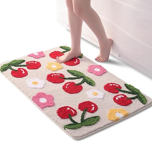 Miniatura 12 de Anybar Alfombras de Baño Rosas Lindas Alfombra de Baño de Cerezas Accesorios de Baño Coloridos, Alfombra de Flores Divertida Antideslizante Alfombra