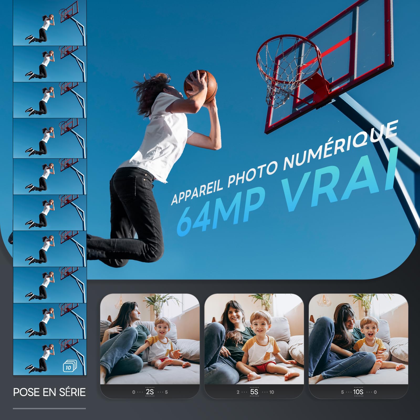 Appareil Photo Numérique NBD 5K 64MP Autofocus Zoom 16x F1.8 Écran IPS 3" 180° WiFi Grand Angle Macro Carte 64GB 2 Batteries Noir
