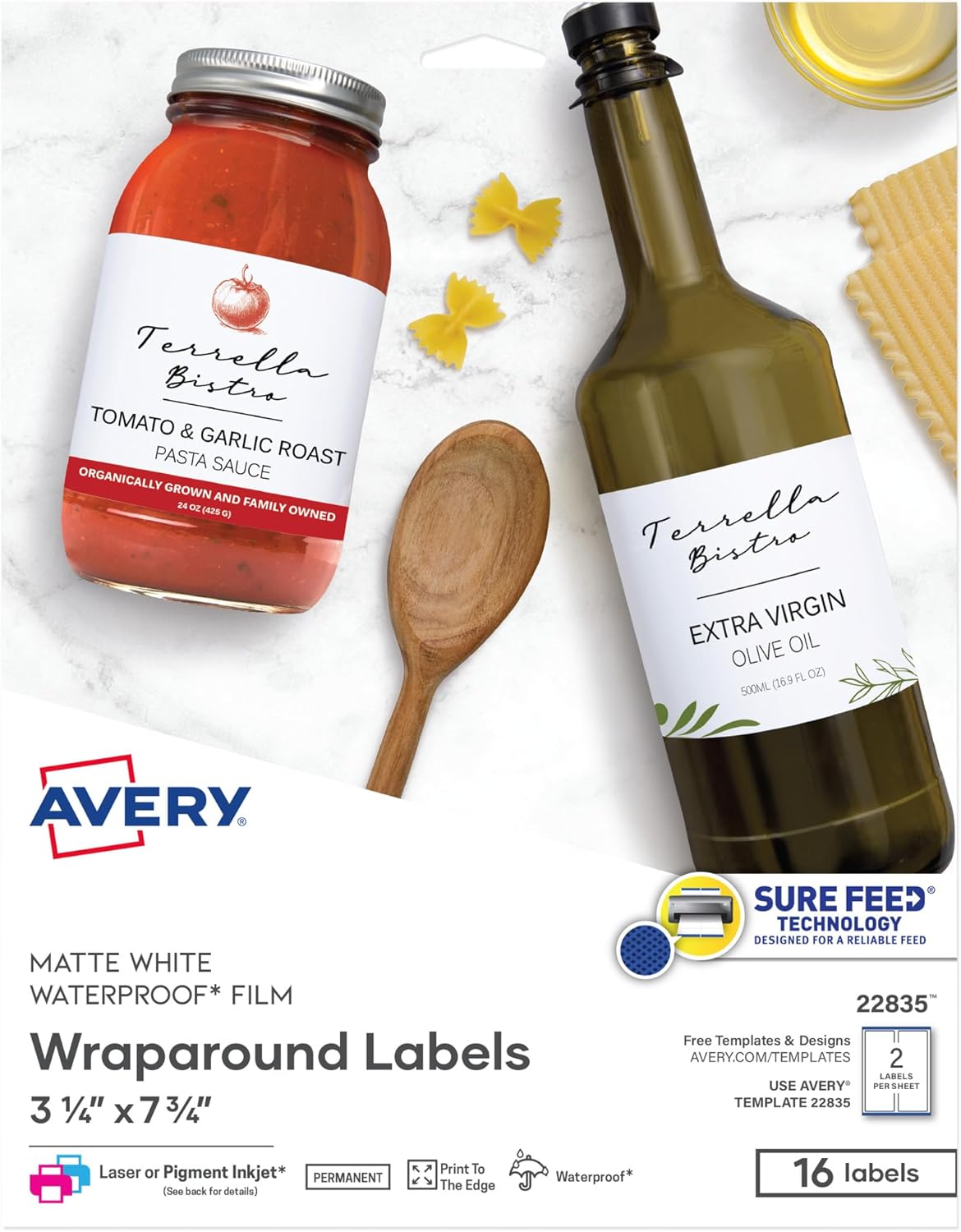 Avery Durable Waterproof Wraparound Rectangle Labels with Sure Feed Technology, 3.25" x 7.75", Matte White, Laser/Pigment-Inkjet, 16 Customizable Labels (22835)