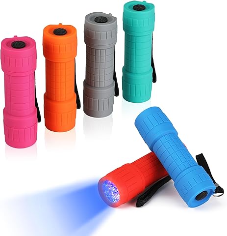 EverBrite 6-Piezas Linternas UV con 9 LED 395nm, Mini Linterna de Luz Negra, Mini Linterna Ultravioleta Colorida, Baterías Incluidas, 6 Colores, para Detectar Orina de Mascotas, Manchas, Chinches