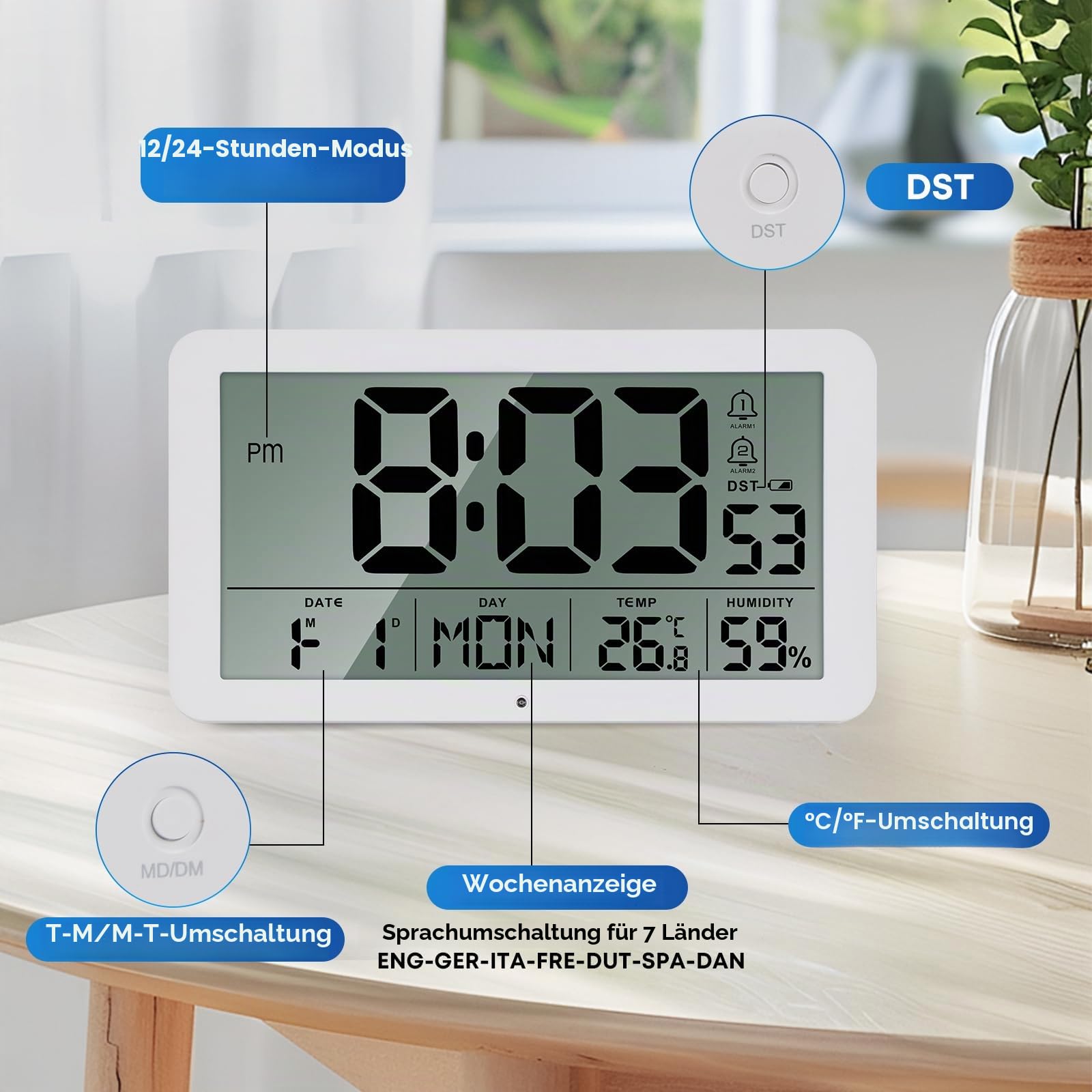 Seutgjie Digitale Wanduhr Groß 9 Zoll Tischuhr Seniorenuhr mit Datum Wochentag Temperaturanzeige Feuchtigkeit DST-Funktion 2 Weckzeiten Snooze Modi 12/24 Stunden