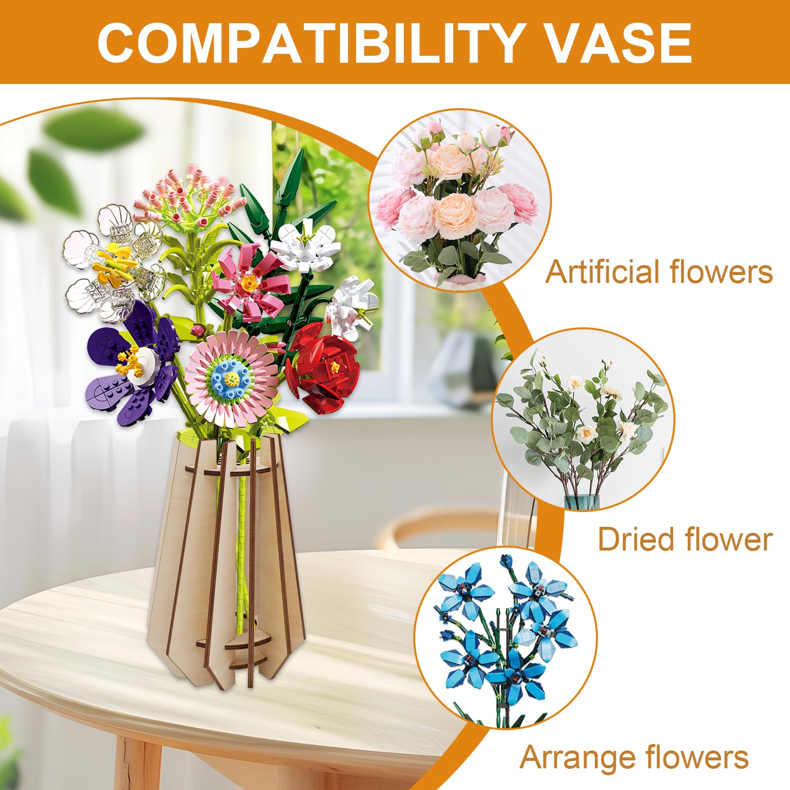 Vase à Fleurs En Bois Forreen - Kit Puzzle 3D 18x12cm - Tournesol, Tulipe, Lotus - Bois Naturel