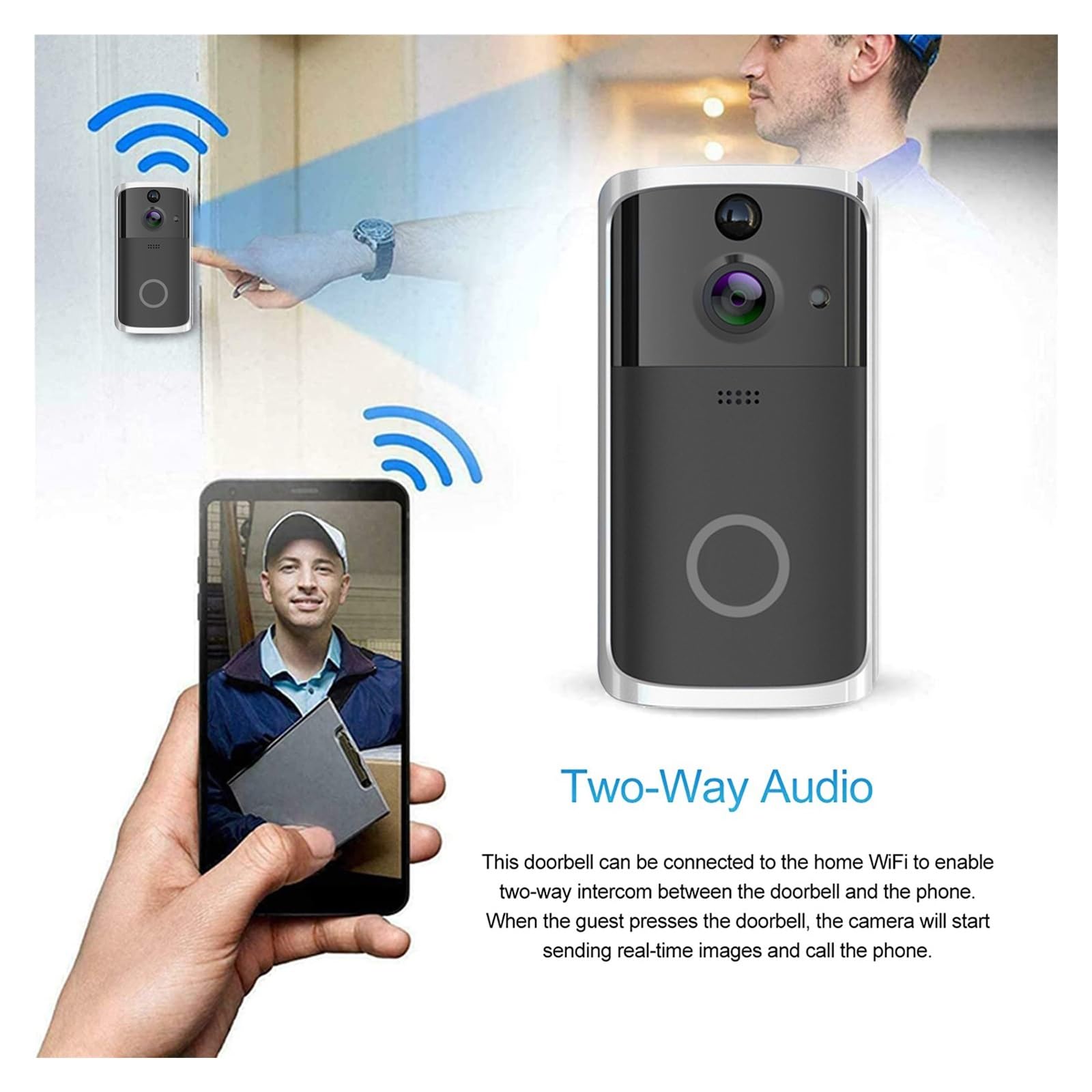 Timbre inalámbrico Timbre De Puerta De Vídeo, Timbre Inalámbrico Wifi, Cámara Inteligente, Intercomunicador De Teléfono De Puerta Con Detección De Movimiento, Resistente Al Agua For La Seguridad Del H
