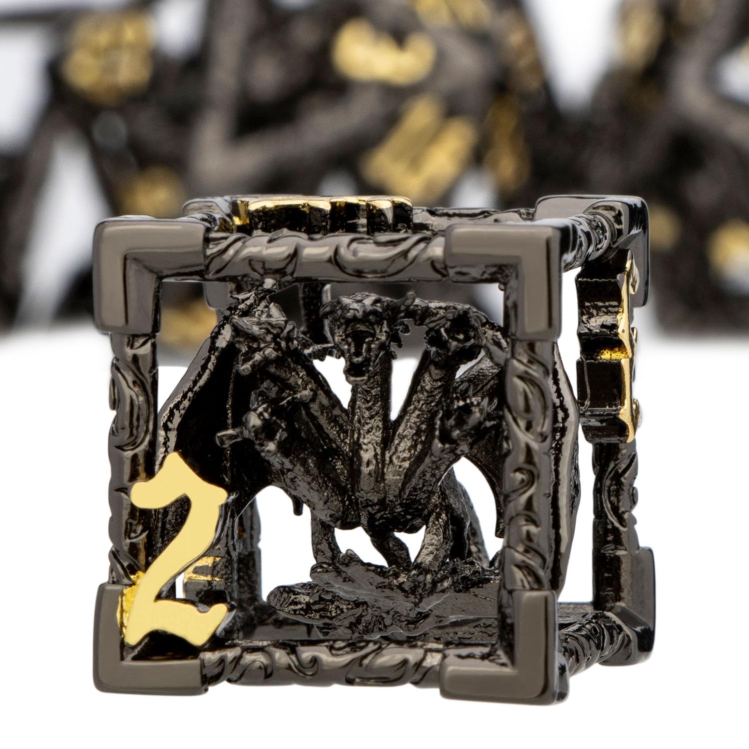 ARUOHHA Hollow DND Dice Set 7PCS Black Gold Metal Dragons Dice with Gift Box, Dungeons D and D Dice RPG Role Playing Games, Polyhedral Dice Set D20 D12 D10 D8 D6 D4