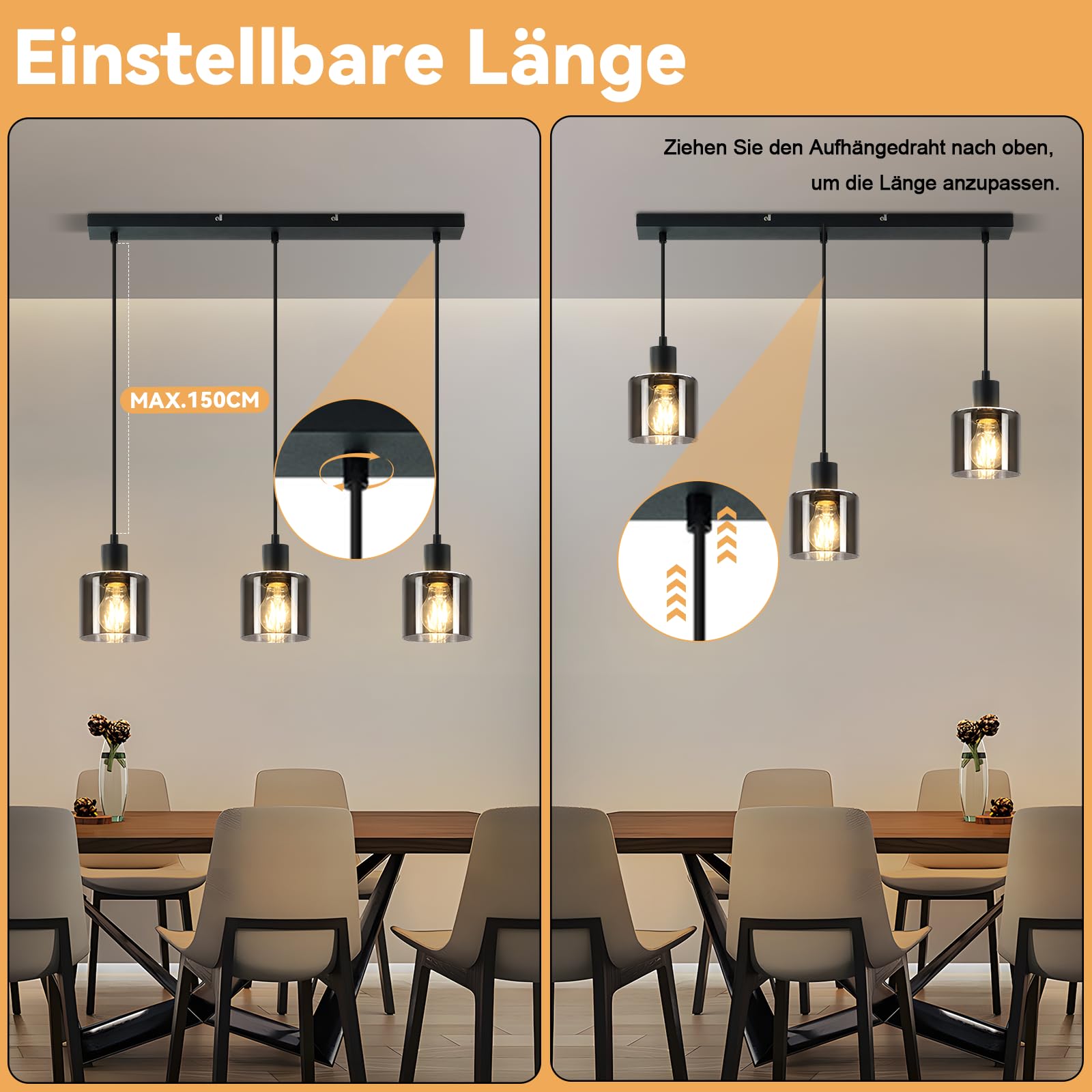 ZMH Pendelleuchte Esstisch Hängelampe Schwarz - Esstischlampe Hängend E27 Hängeleuchte Vintage 3 Flammig Esszimmerlampe Industrial Pendellampe Retro für Wohnzimmer Hotel Büro (ohne Leuchtmittel)