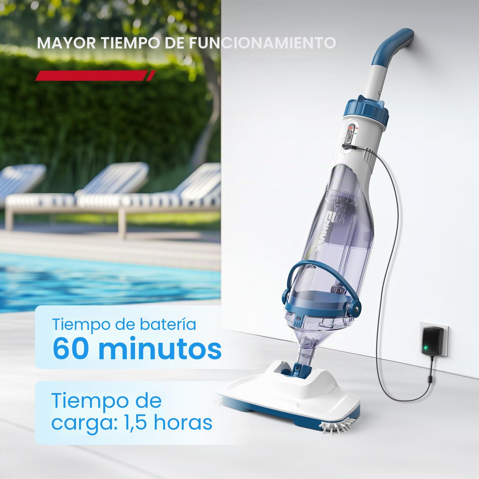 Enhulk Aspiradora de Piscinas a batería, Cabezal Mejorado de 34 cm, Tiempo de Funcionamiento de hasta 60 Minutos, Limpiador de Piscinas con 3 filtros y pértiga telescópica, succión de hasta 4200 l/h