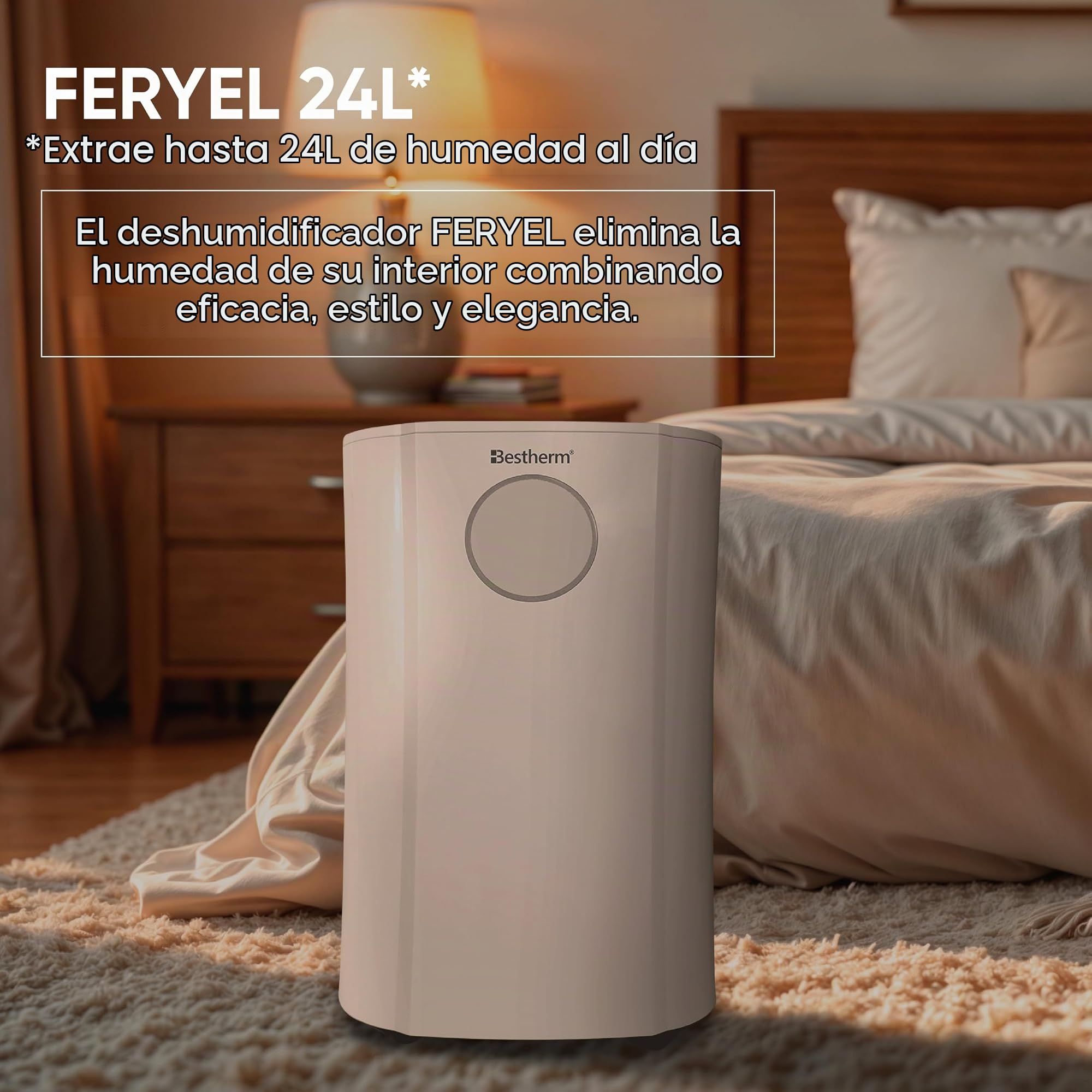 BESTHERM - Deshumidificador de aire BESTHERM - Feryel 24L/día, depósito extraíble, filtro de carbón activado, ionizador integrado