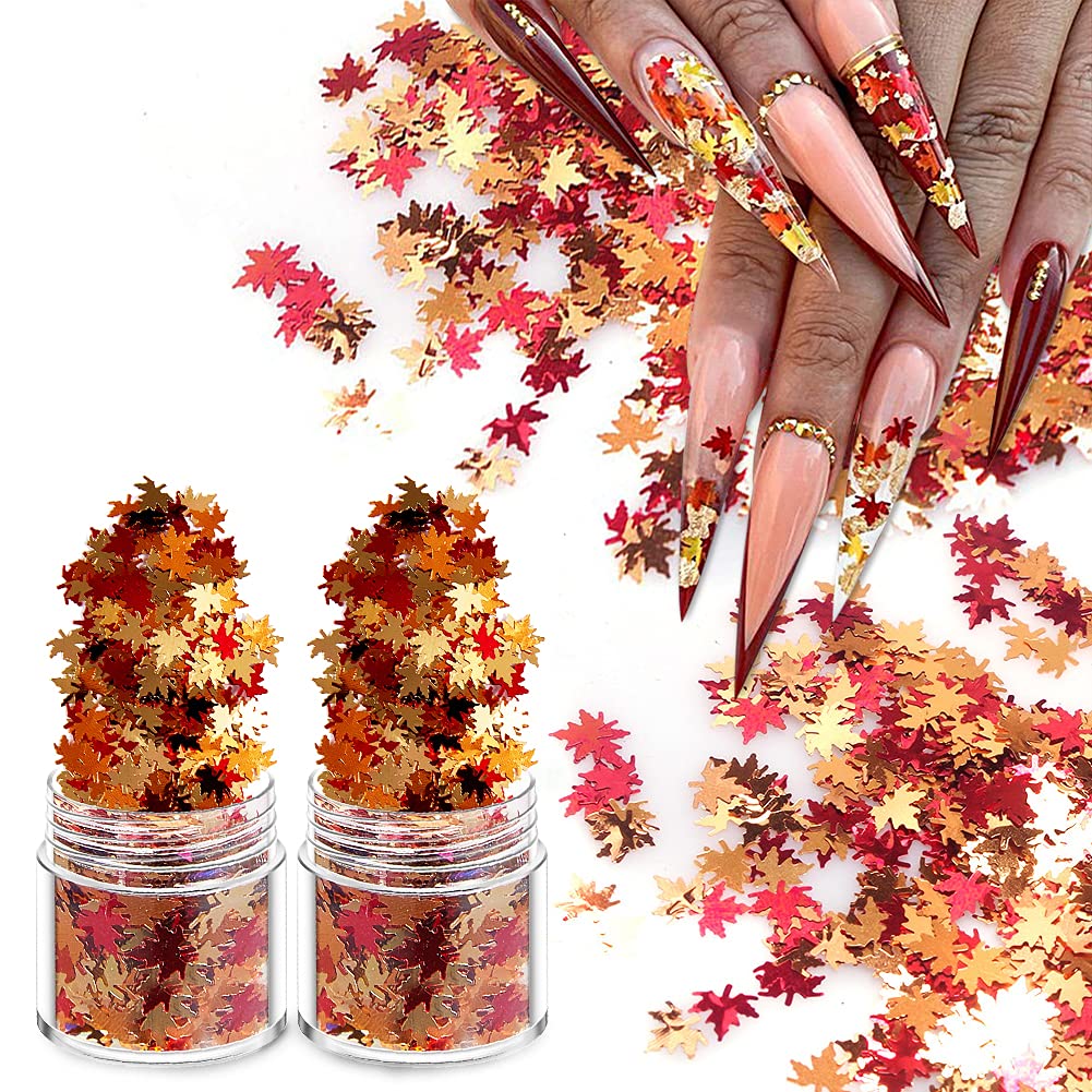 Nail Art Maple Leaf Flake 20gram Glitter Fall Leaves Metallic 3D Maple Leaf Shaped Red Yellow Orange Mixed DIY Decoration Design Spangles Solvent Resistant for Women Girls (2 Pot) : Beauty & Personal Care