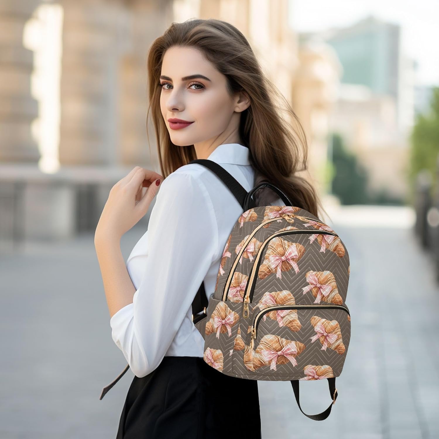 Bow Bread on Brown Backpack Purse for Women Shoulder Bag Fashion Daypack Ladies Handbag Lightweight Travel Bag Rucksack