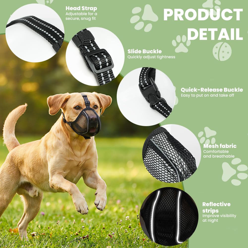 AUAUY Museruola per Cane, Museruola Riflettente Regolabile, Materiale a Rete Morbido, Impedisce di Mangiare e Leccare, Museruolas Anti-Morso e Anti-Abbaio per Diverse Razze Canine (Nero,XL)