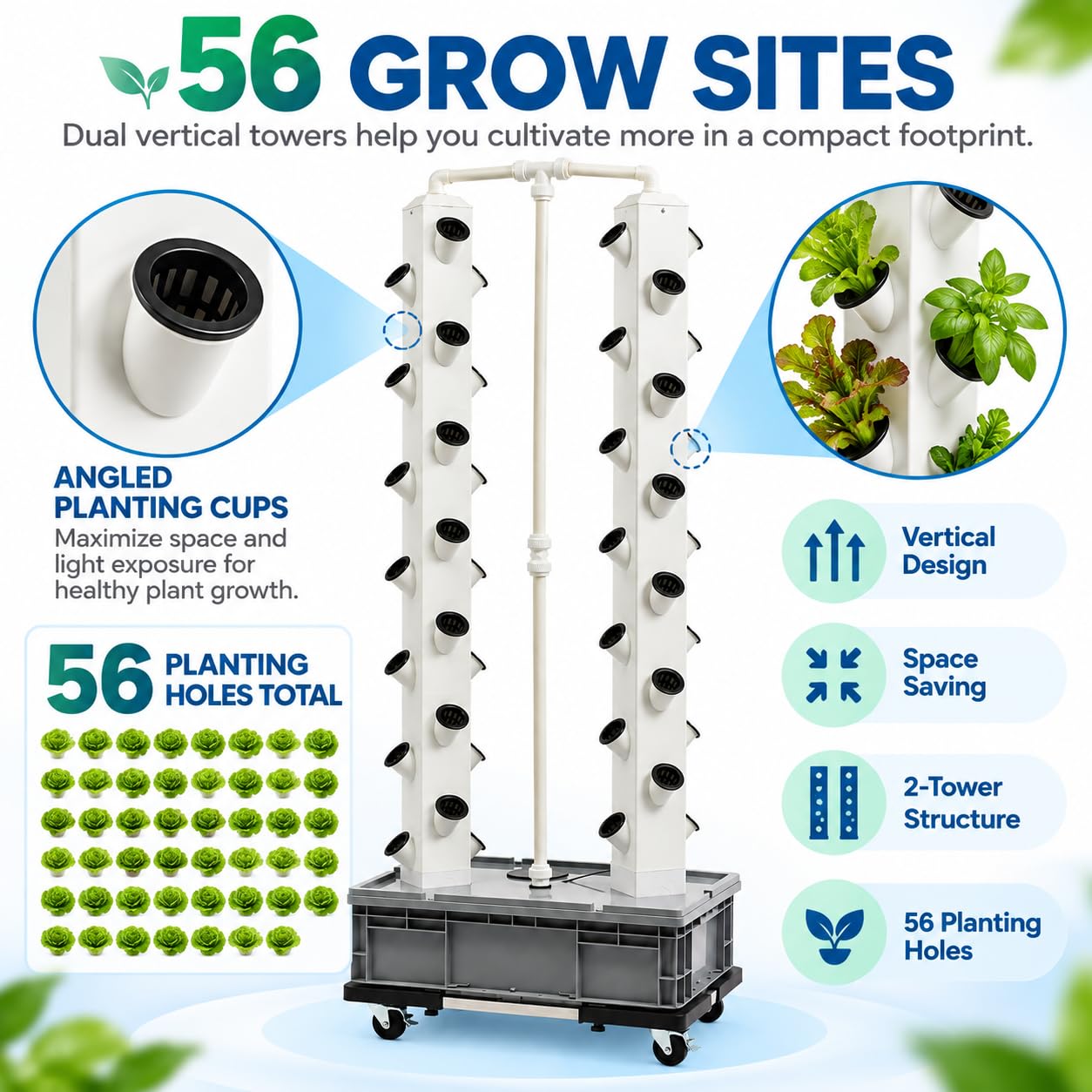 Torre idroponica Verticale 56 Fori Sistema Di Coltura Idroponica con Ruote e Pompa Acqua, per Coltivazione di Fiori, Verdure, Patate, Verdure Latifoglie