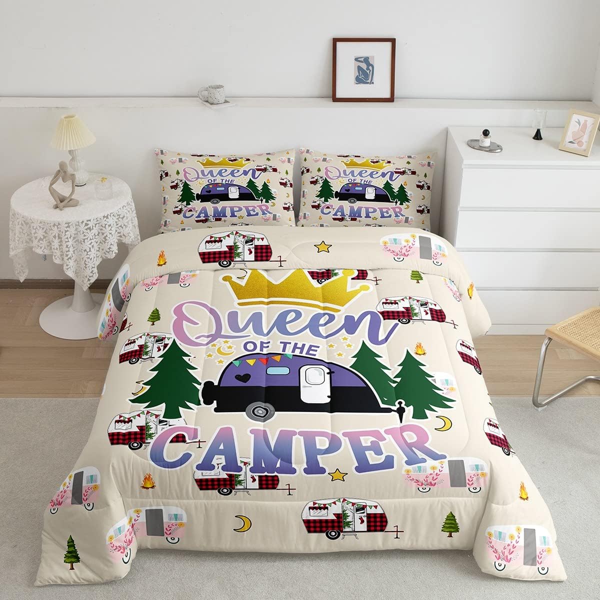 RV Camper Comforter Set for Kids,Cartoon Camping Trailer