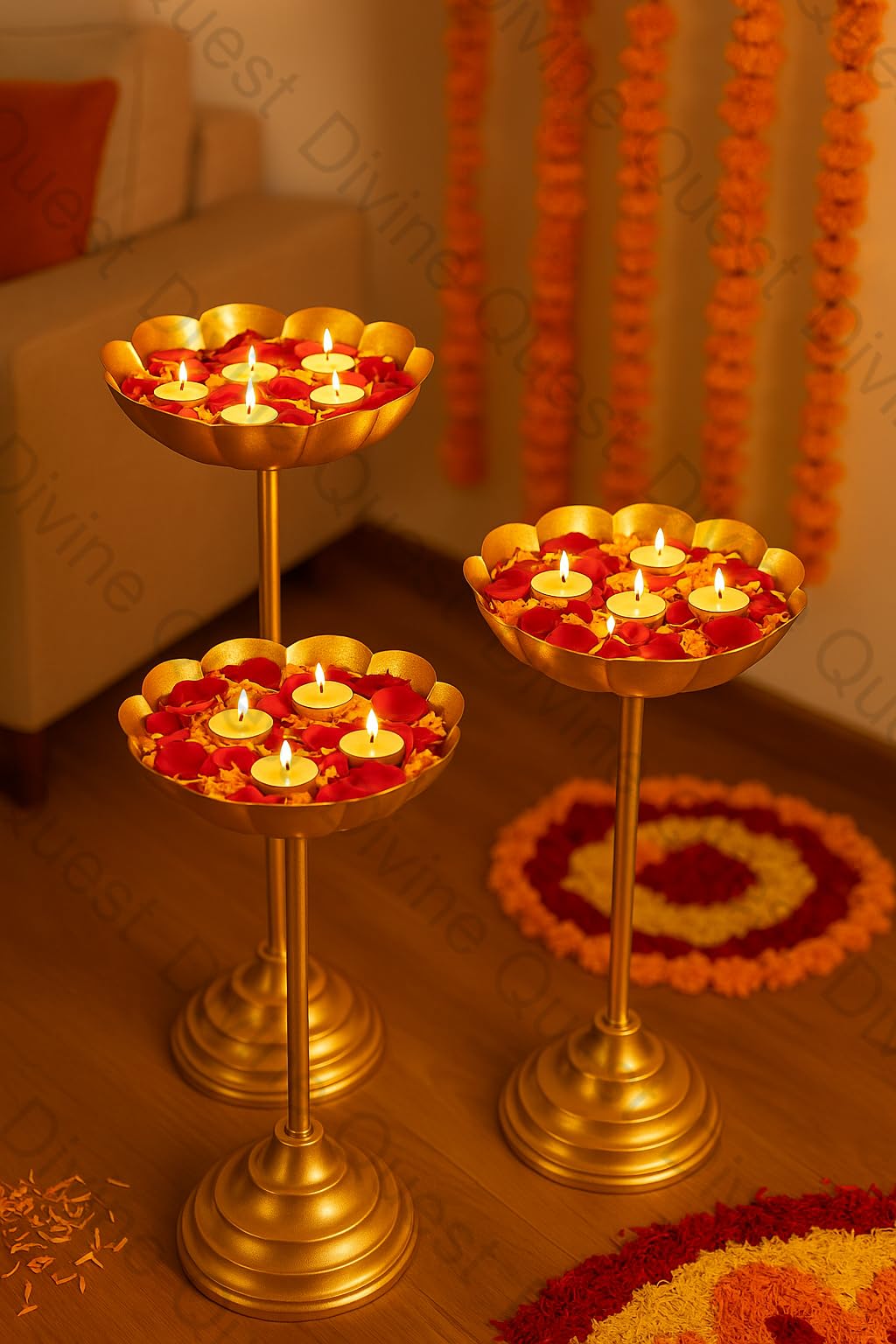 Golden Urli Stand Set of 3 for Home Decor | Decorative Metal Flower Bowl with Tealight Candle Holders | Diwali, Wedding, Festive Decoration | Floor Standing Urli for Living Room, Pooja Room-image-45