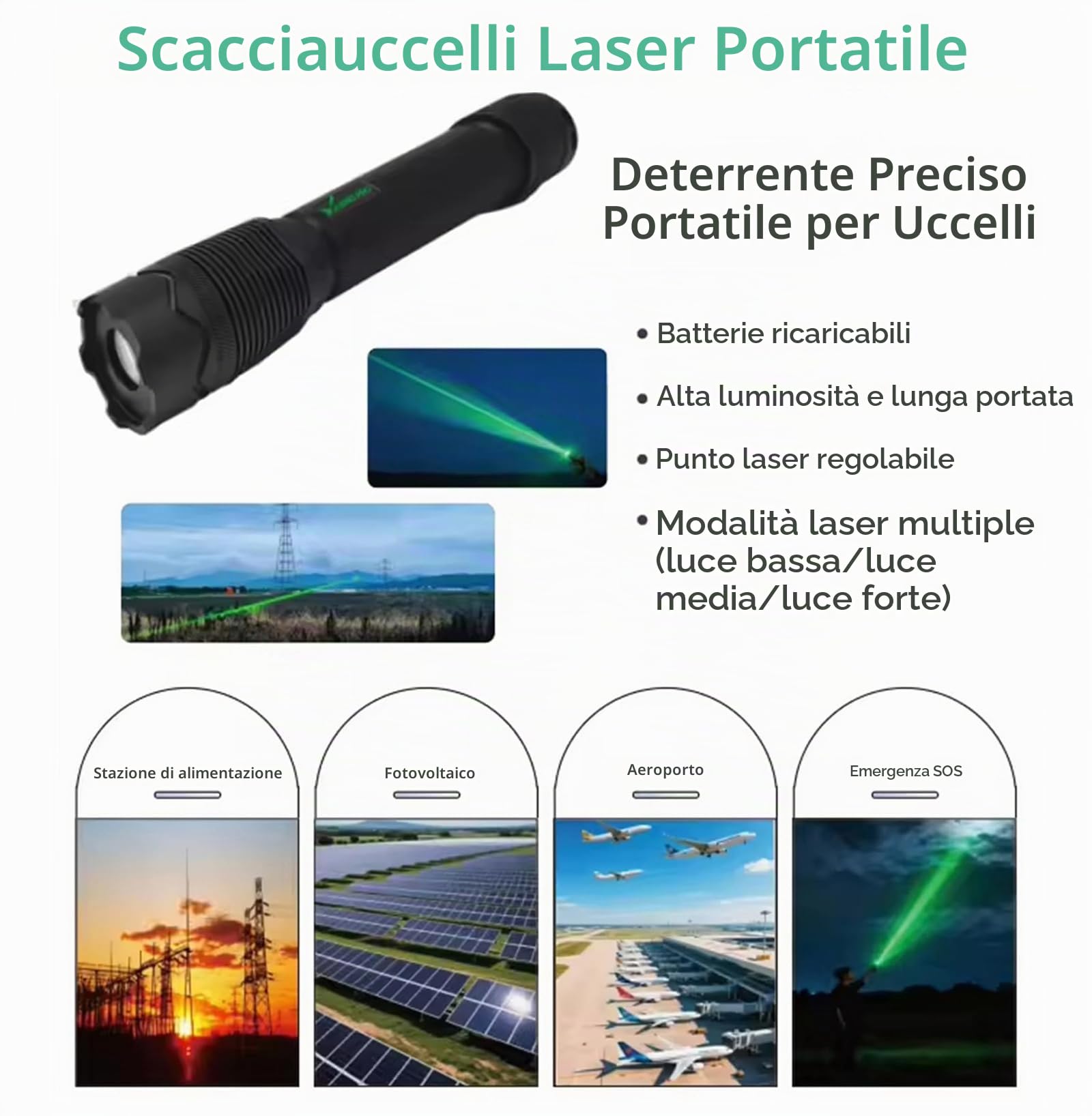 Dissuasore Laser Portatile per Allontanare Gli Uccelli, Repulsore per Uccelli con Laser Verde Ricaricabile, Dispositivo Portatile per Spaventare Gli Uccelli, con Funzione Torcia