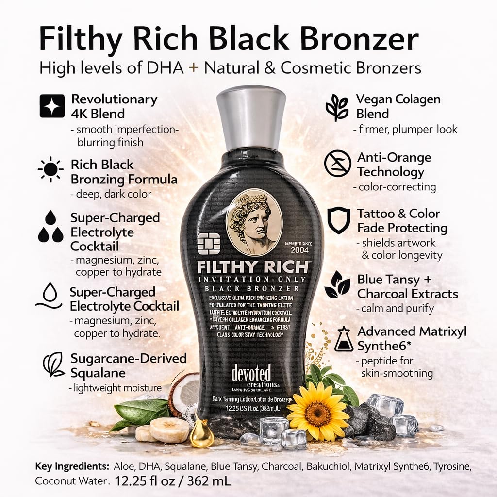 DC Filthy Rich - Luxurious Dark Bronzing Formula with Anti-Orange Technology and High Levels of DHA, Natural, & Cosmetic Bronzers for Immediate Color 12.25 oz.