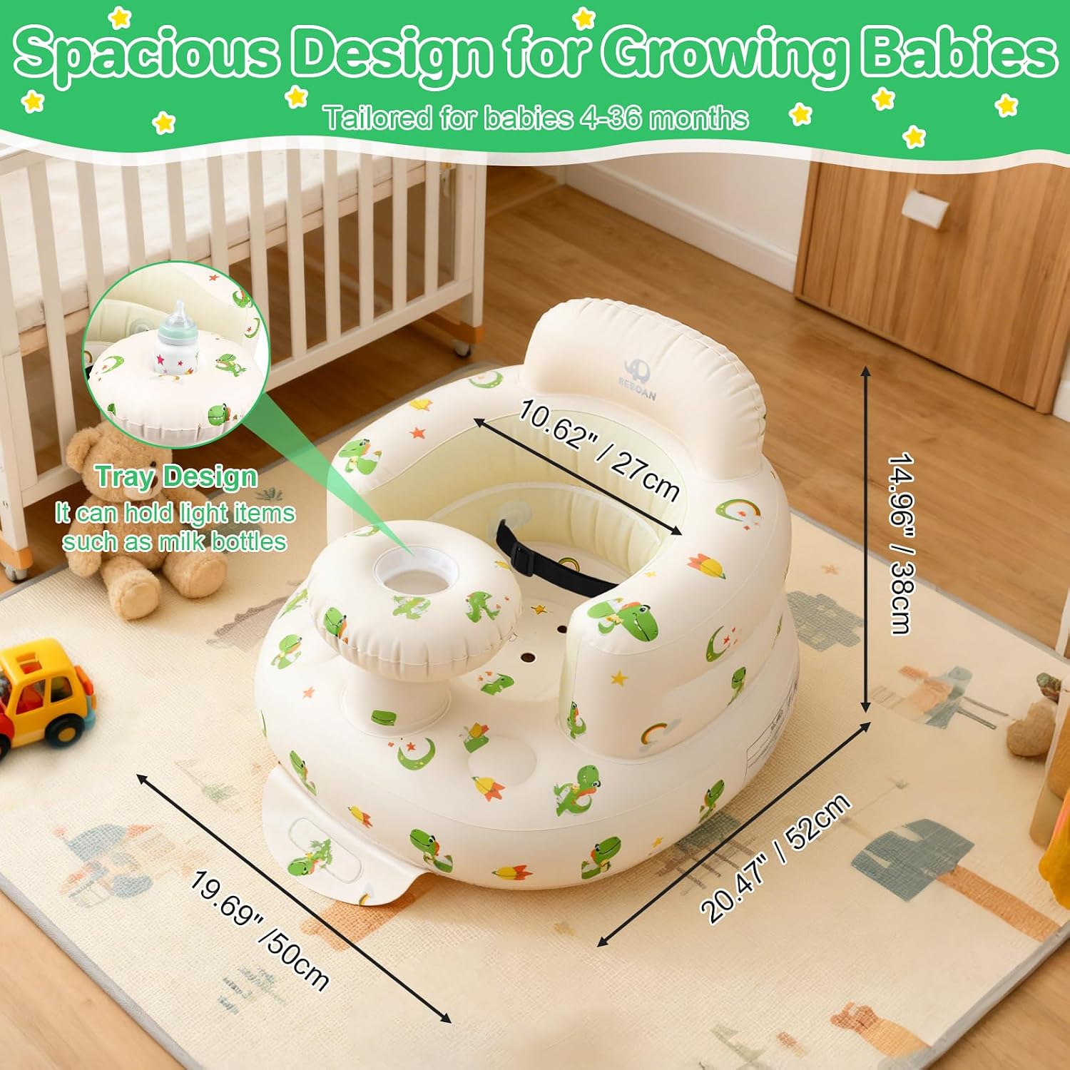 BEBOAN Inflatable Baby Seat with Tray for 3 Months Up Baby, Portable Upseat Baby Chair with Safety Strap for Sitting Up, Foldable Blow Up Infant Seat with Built-in Air Pump (Green Dinosaur)