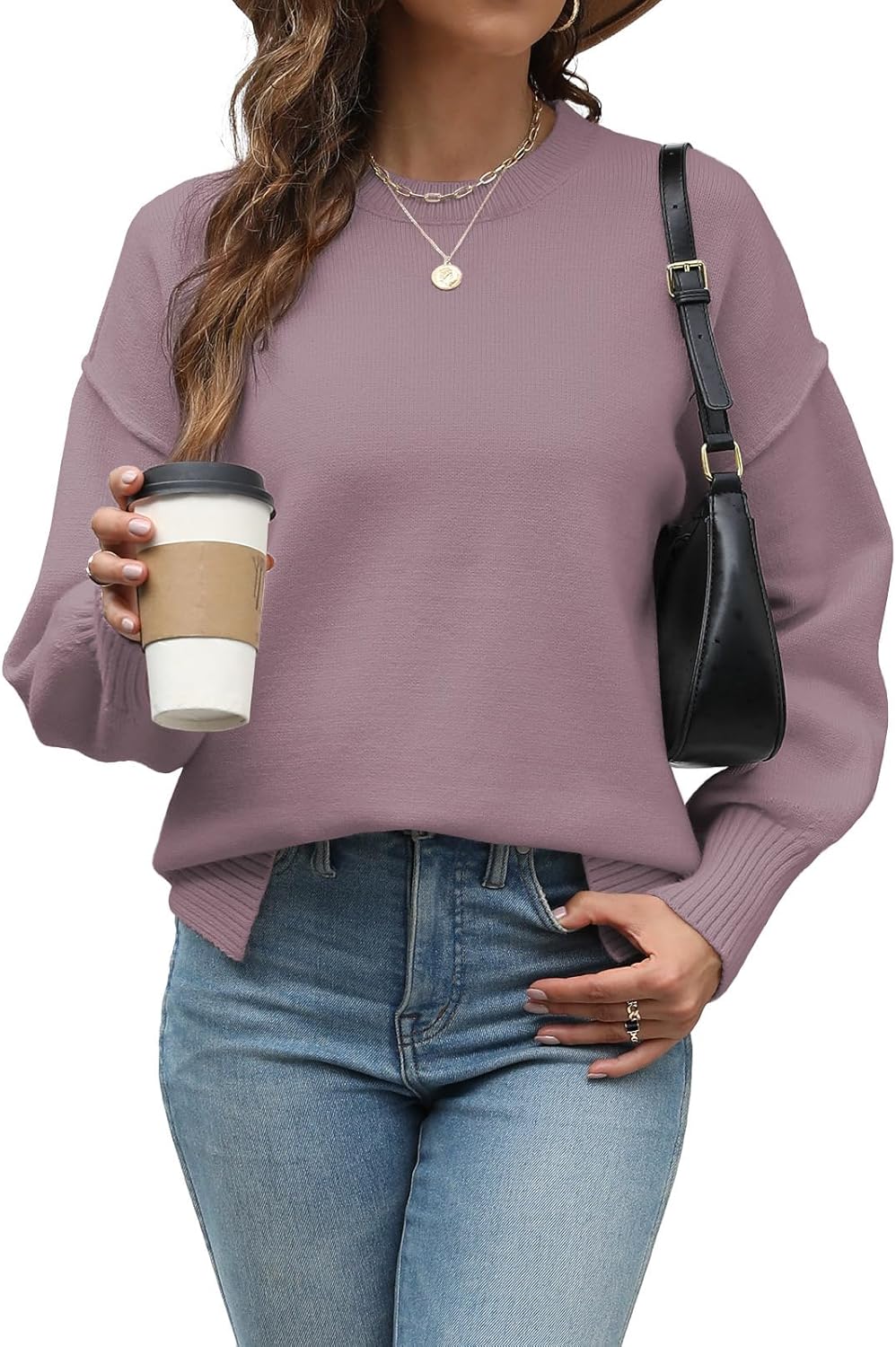 Womens Sweaters Crewneck Long Sleeve Pullover Tops Loose Fit Soft Knit Ribbed Hem Side Slit Casual Fall Winter Outfits