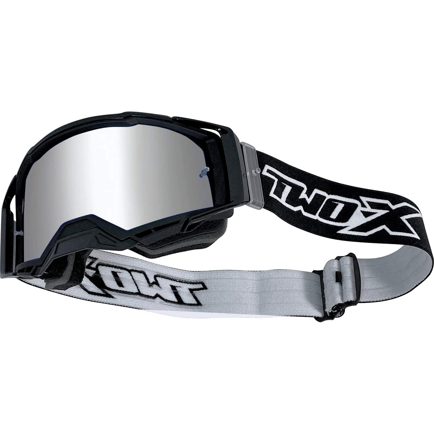 TWO-X Cross-Brille - Motocrossbrille mit verspiegeltem silbernen Glas - Offroadbrille - Enduro & Downhill - Schutzbrille - Atom - Blackhawk-Schwarz