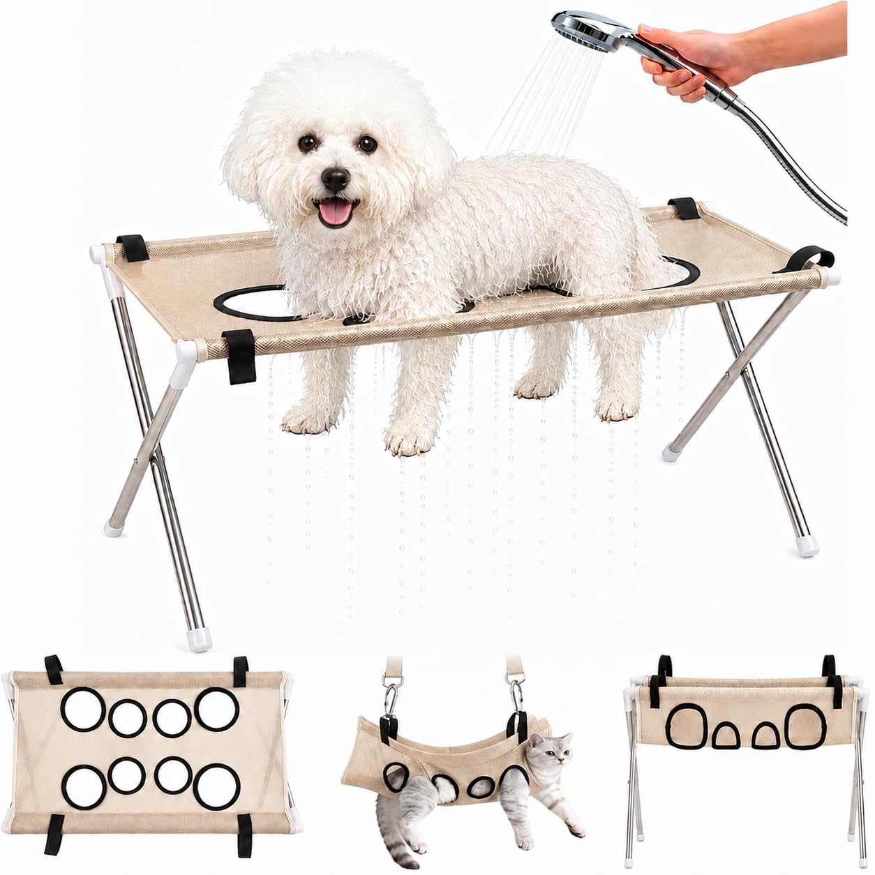 Dog Grooming Hammock Stand, Foldable Pet Bath Holder Sling Shower Chair, Heavy-Duty Pet Bath Stool for Small & Medium Dogs, Home Salon Grooming, Washable Mesh, Joint Support Restraint (Khaki)