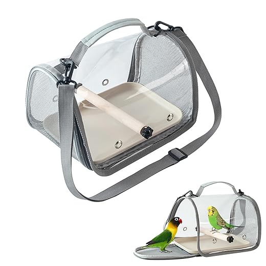 Portable Bird Travel Carrier with Breathable Mesh Windows Hands Free Parrot Backpack for Vet Visit Shopping Hiking, Clear View Small Pet Cage with Easy Clean Removable Tray and Perch