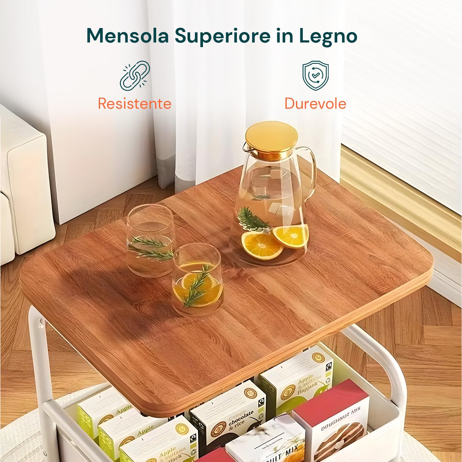Avilia - Carrello Cucina Multiuso a 2 Ripiani in Metallo e Legno - Mobile Salvaspazio con 4 Ruote Girevoli a 360° - Organizer Portatutto per Casa, Ufficio e Bagno - 77x43x30 cm - Industrial