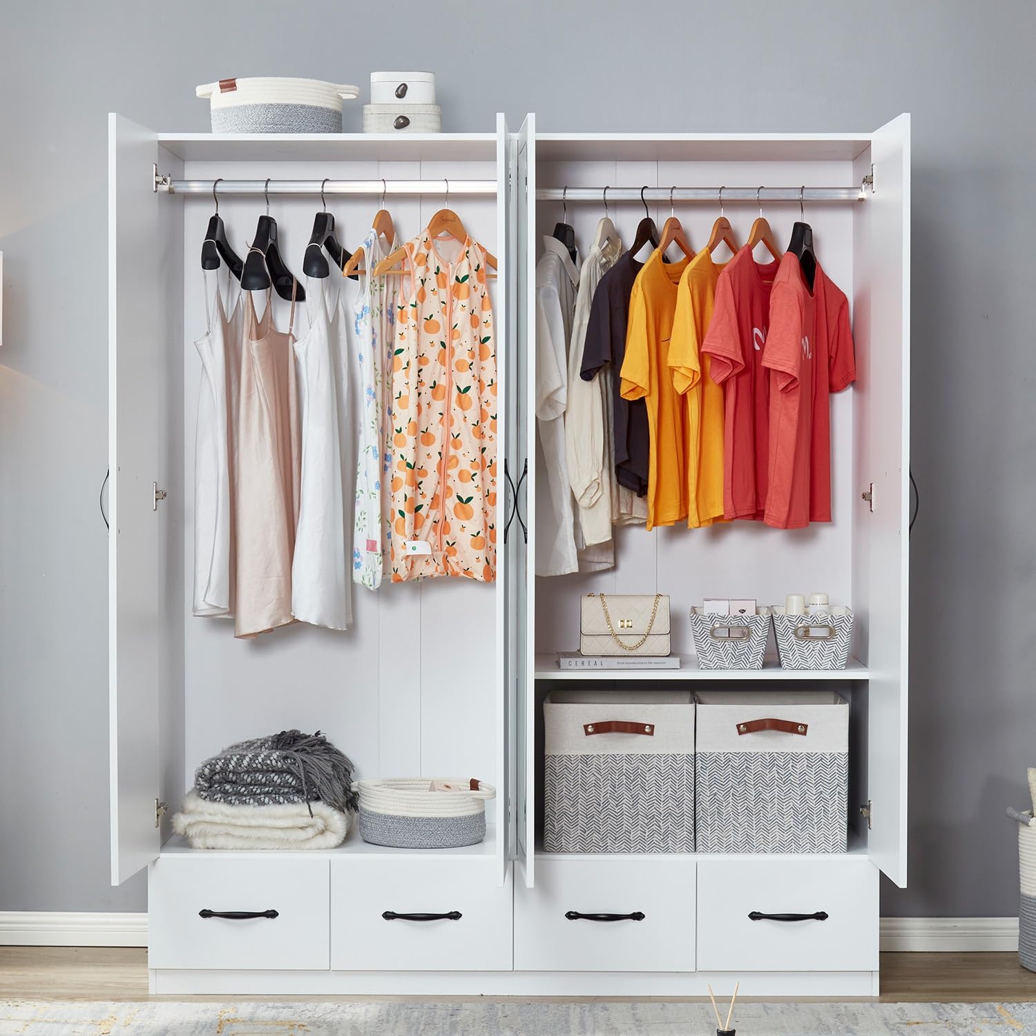 Mirror White Four Doors Freestanding Armoires Wardrobe Closet