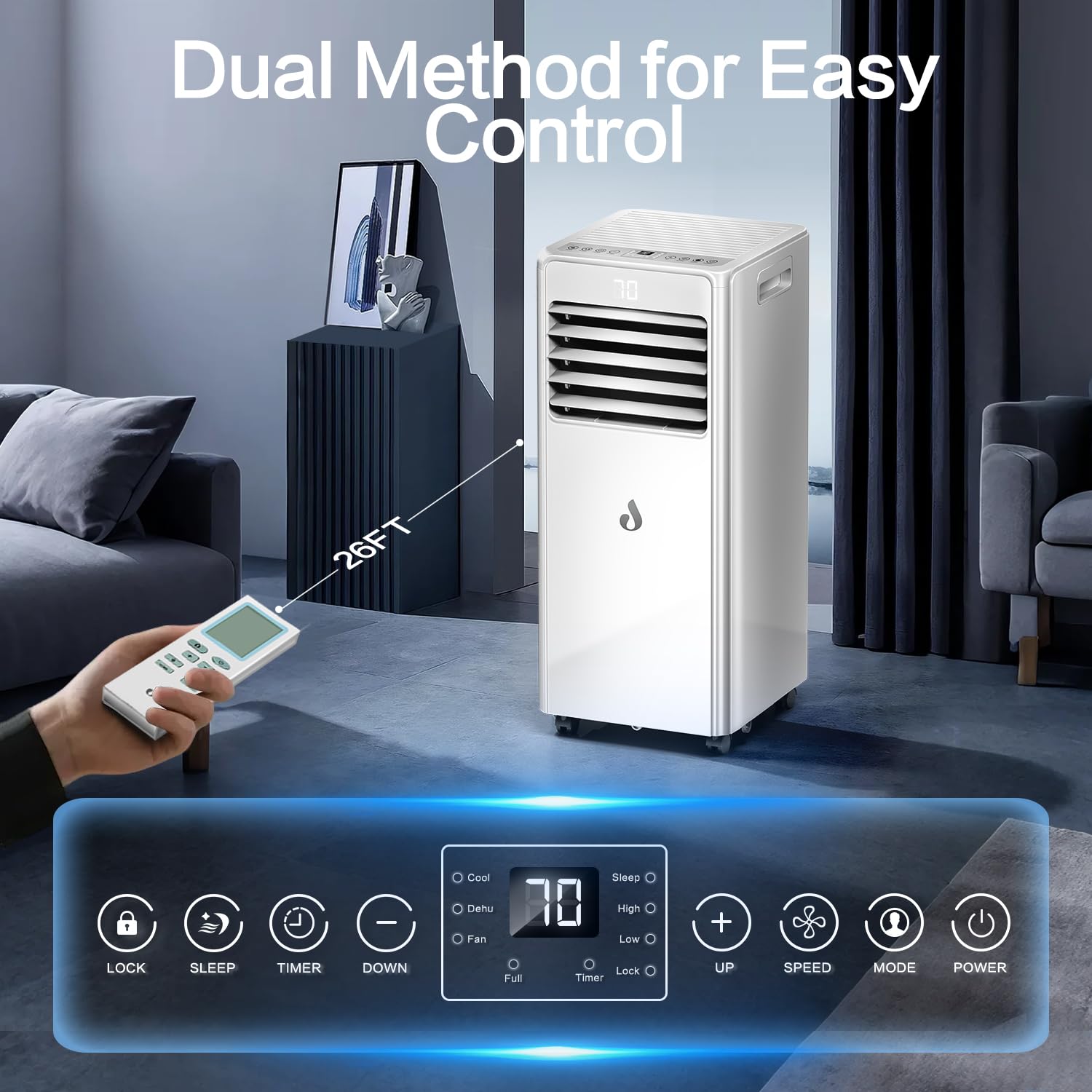 Aire acondicionado portátil de 10,000 BTU para habitaciones de hasta 450 pies cuadrados, unidad de aire acondicionado 4 en 1 con control remoto, unidad de CA inteligente con kit de instalación para el 5