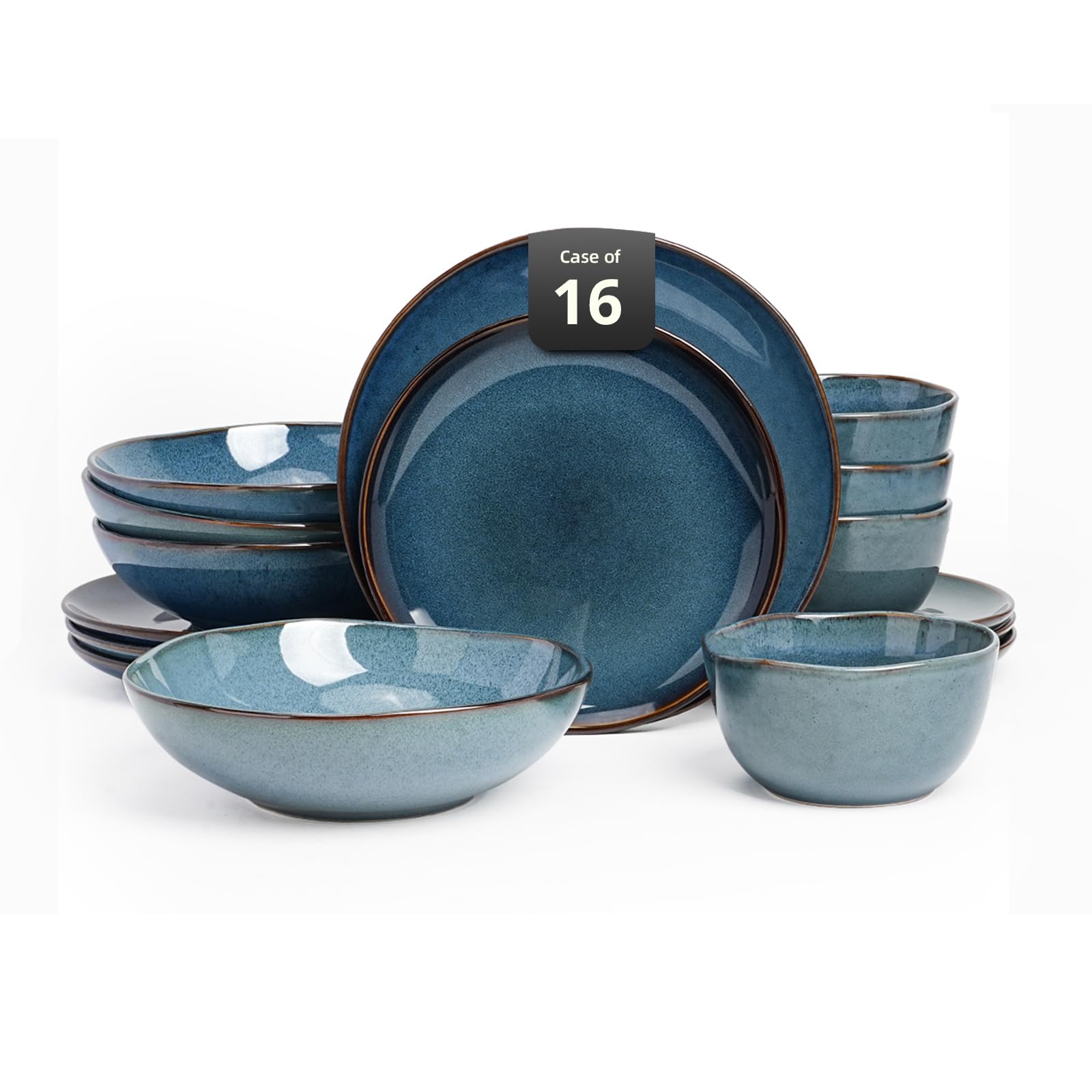 Highland Service de table 16 pièces pour 4 personnes, double bol, assiettes et bols en grès résistant aux rayures, passe au micro-ondes et au lave-vaisselle - Vernis naturel réactif - Bleu