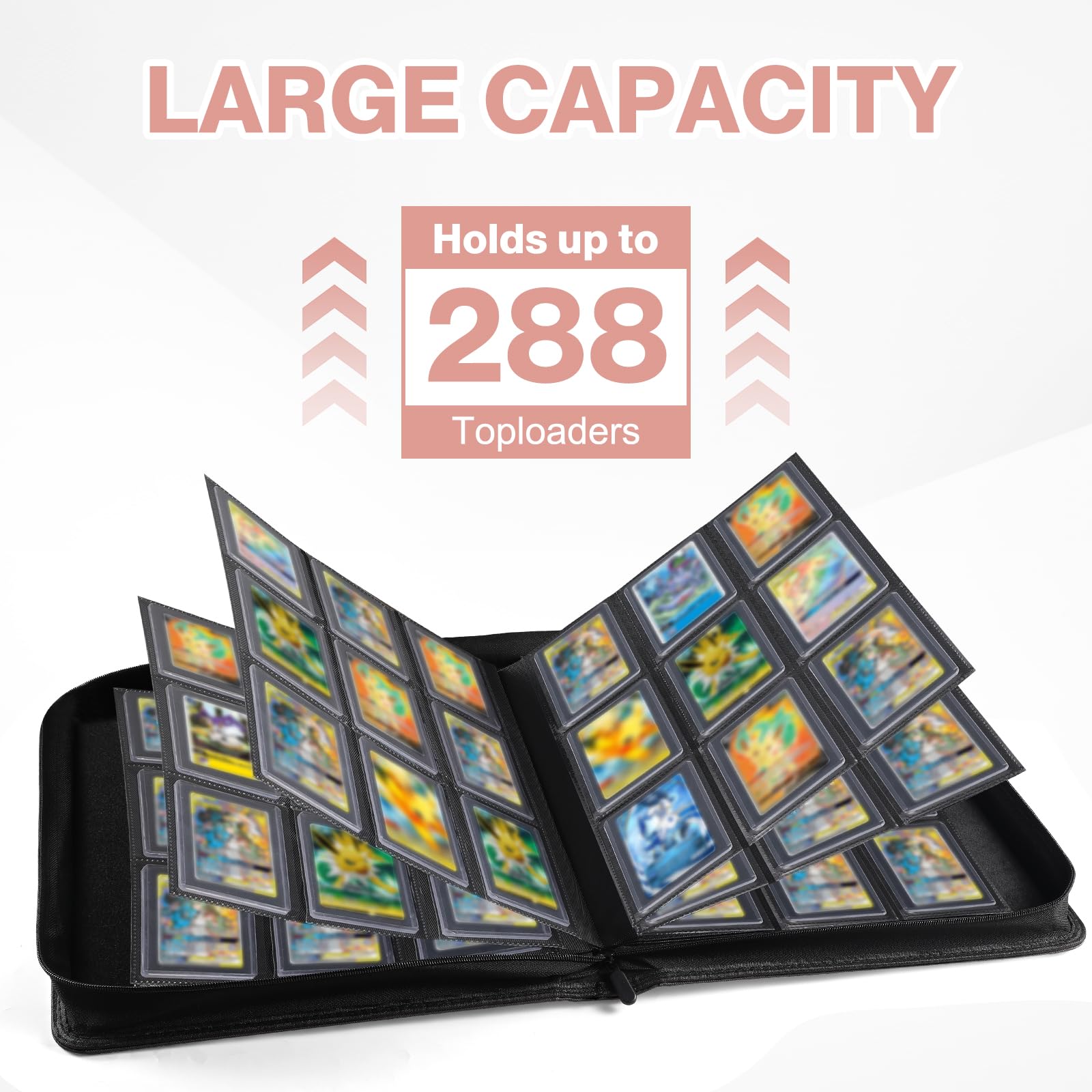 Raccoglitore con caricamento superiore, contiene 288 Toploader, 288 Toploader e 288 custodie per carte incluse, raccoglitore a 9 tasche per caricatori superiori rigidi da 7,6 x 10,2 cm, raccoglitore