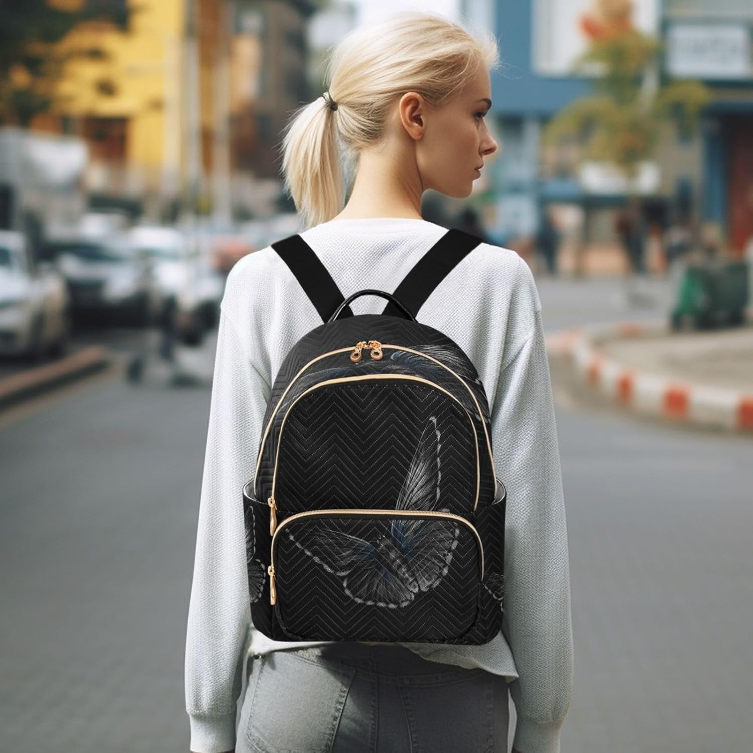 senya Fashion Backpack Mini Backpack Purse Casual Daily Backpack Butterfly on A Black Background Hand Drawn for Travel for College Work
