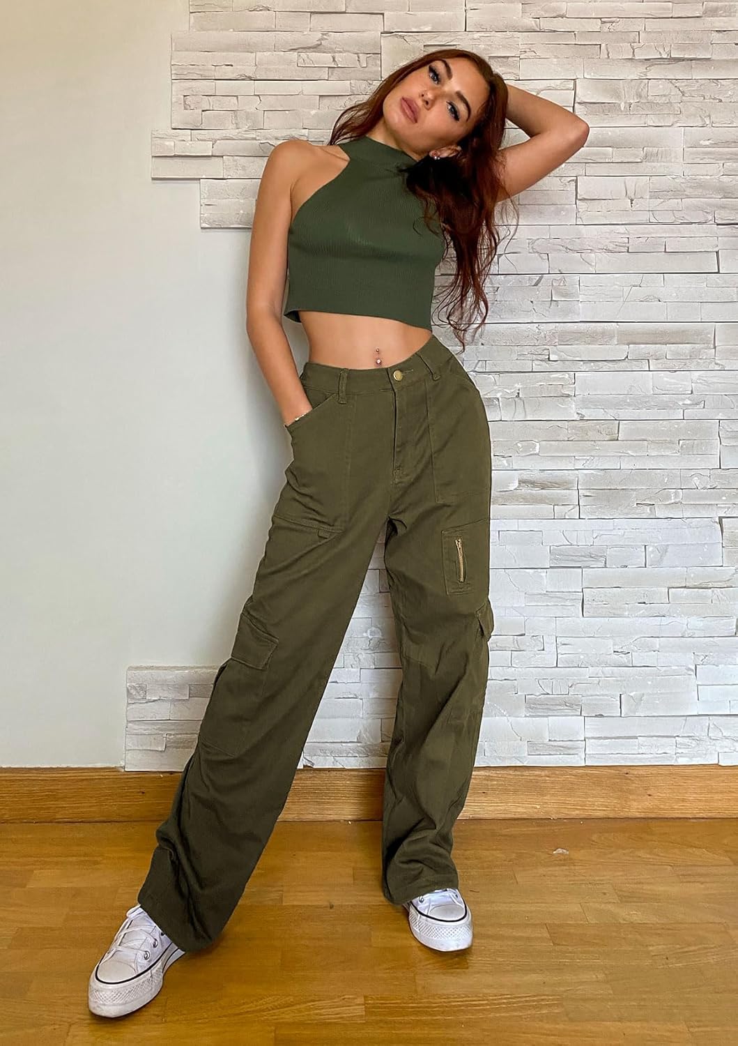 IVIR Cargo Pants Women High Waist Wide Leg Casual Pants with 7 Pockets Stretchy Drawstring Baggy Y2K Trousers - Image 5