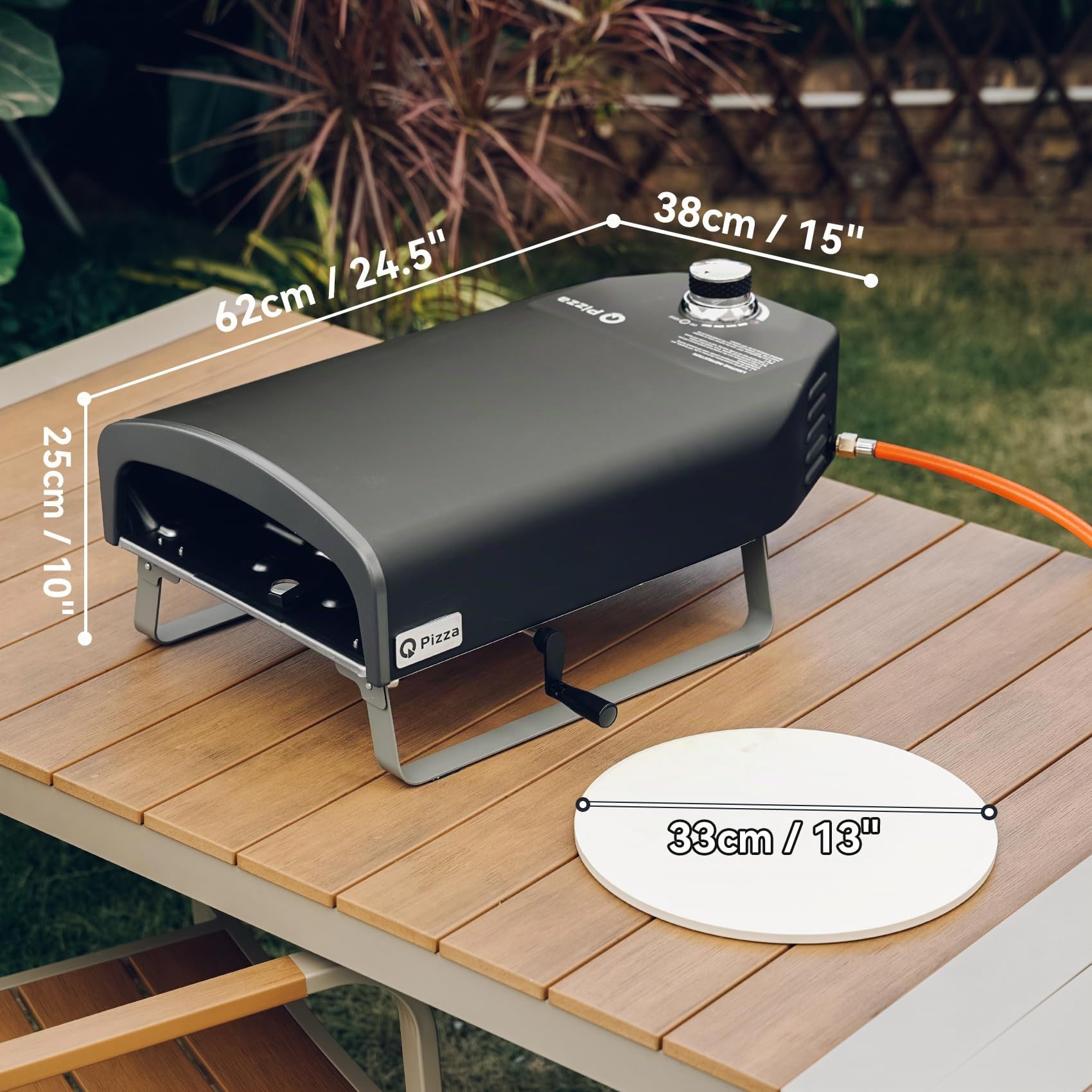 Q Pizza Forno per pizza a gas da esterno con sistema rotante manuale, forno portatile per propano con manico girevole, pietra da 33 cm, regolatore del gas UK