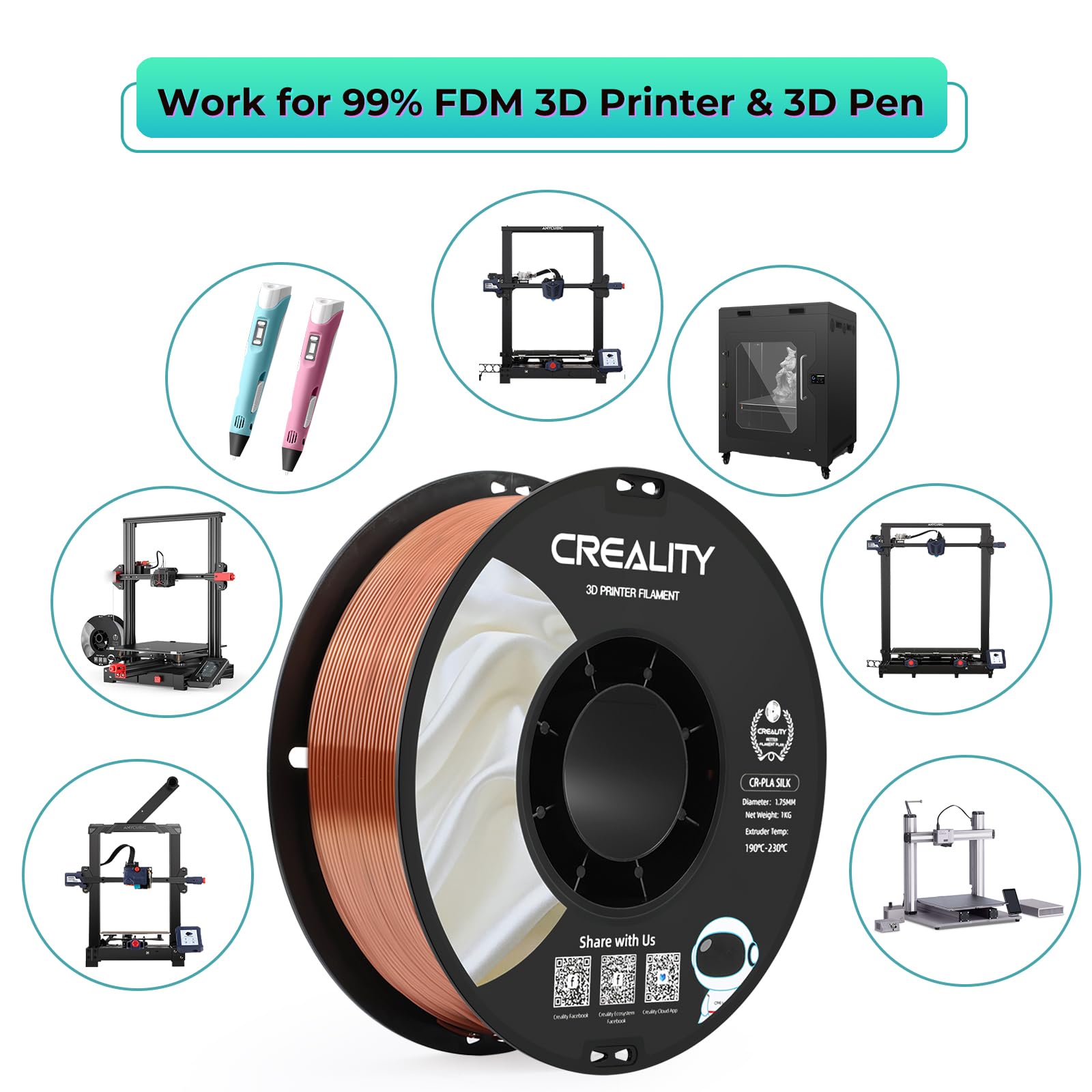 Creality PLA Filamento a Stampante 3D Printer Silk Shiny PLA Filament 1.75mm +/-0.02mm, 3D Printing Filament 1KG/2.2lb (Red Copper)