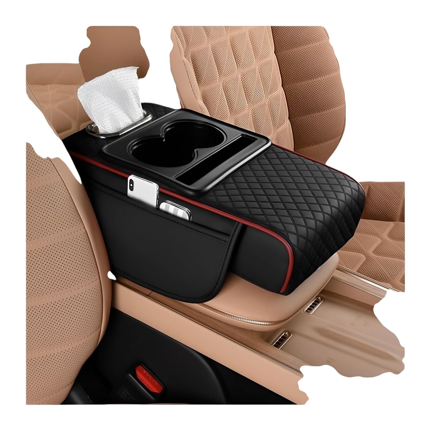 c Memory Foam Leather 4 in 1 Vehicle Arm Rest Cover with Tissue Box 2 Side Storage Bag Cup & Phone Holder, Auto Armrest Cushion, Universal Fit (Black/Red)-image-14