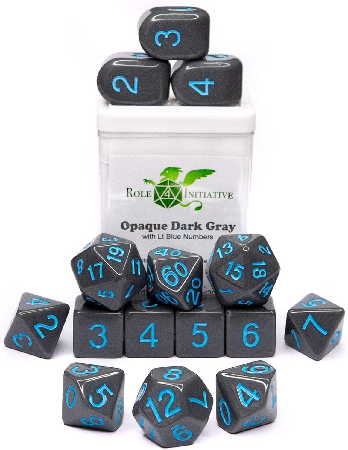 Opaque Dark Gray w/Lt Blue Ink - Set of 15 Dice Set of 15 w/Arch'd4