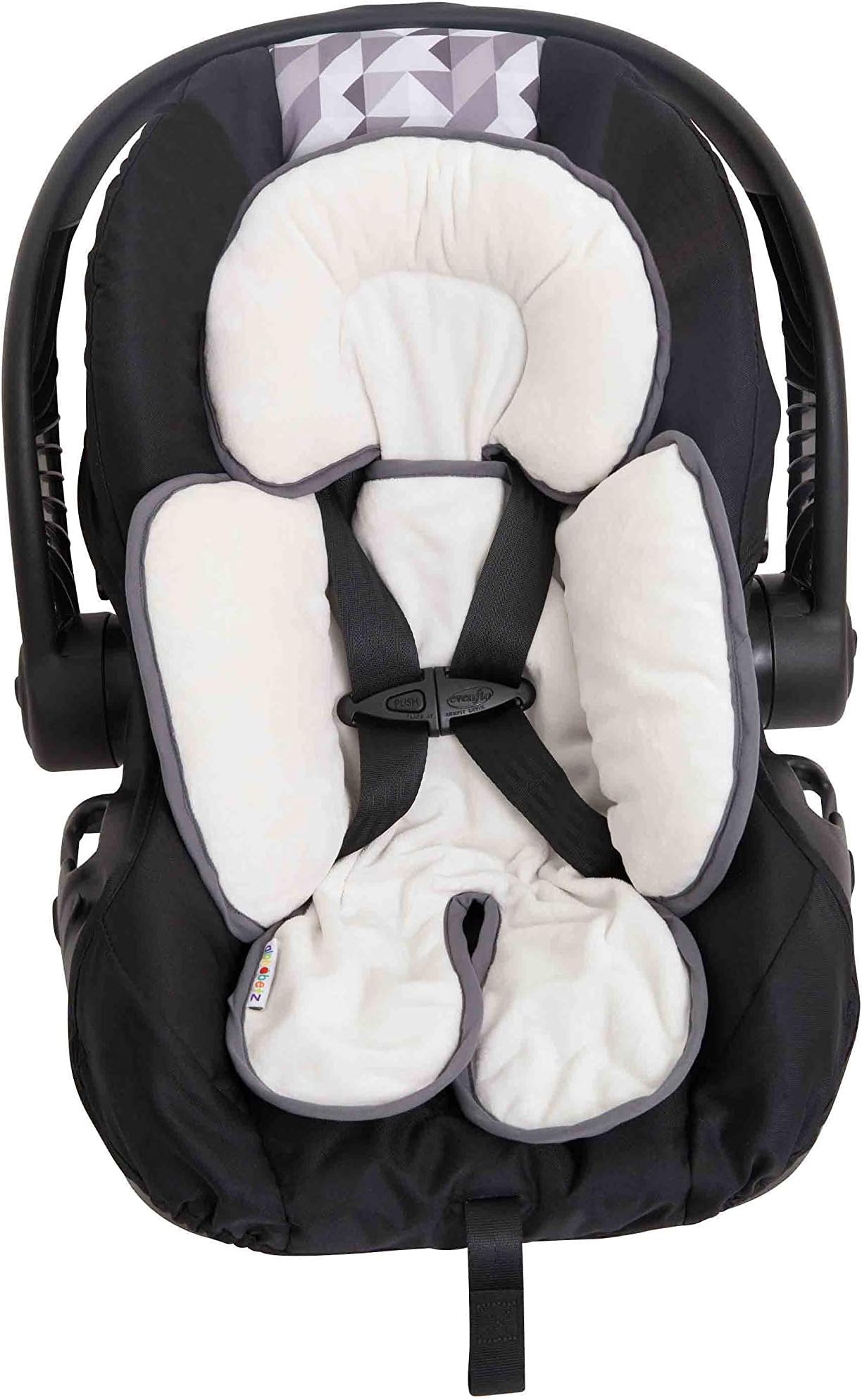 Alphabetz Reversable Head and Body Support and Strap Cover Set For Car Seats and Strollers, white, gray