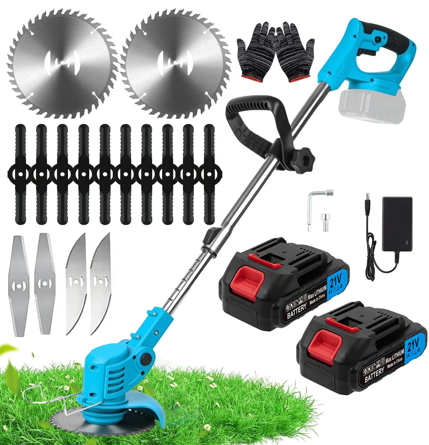 Rasentrimmer mit Akku,Akku-Rasentrimmer für Makita-Akkus mit 4 Klingentypen | 4-in-1 Elektrischer Freischneider 2 x 2,0 Ah Batterien und Ladegerät,Akku Motorsense Rasenkantenschneider für Garden Trimmen