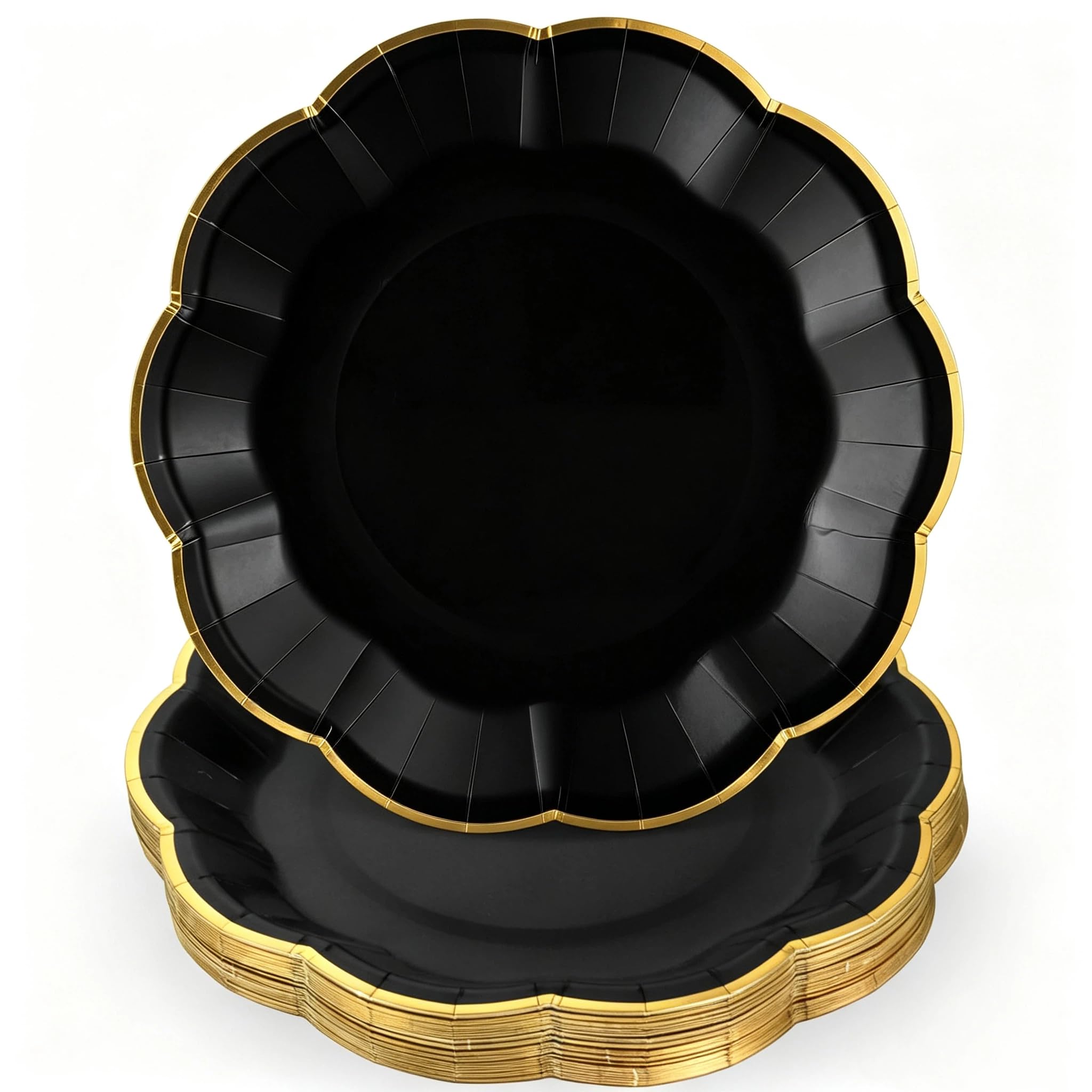 30 Pcs Black Plates with Gold Trim 9 Inch Scalloped Black and Gold Plates
