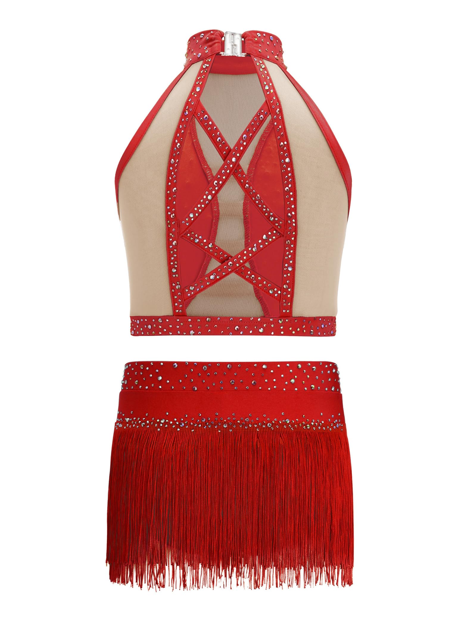 Abito da danza latina ragazza senza maniche abito da ballo strass glitter top corto senza pancia con frange nappe gonna avvolgente per spettacolo sul palco