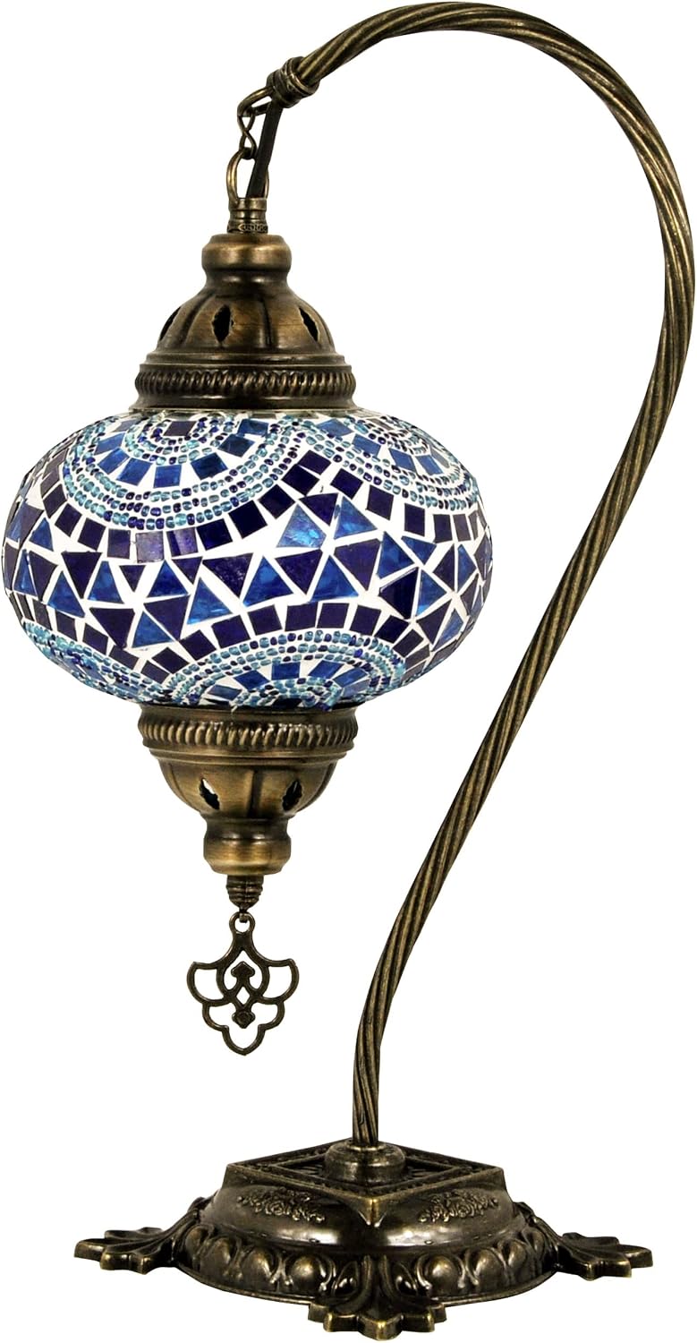 Turkish Lamp Mosaic Table Lamps | Turkish Moroccan Lamp with Bronze Base | Handmade Swan Neck Tiffany Night Lamp | Mosaic Glass Bedside Night Lamp with Led Bulb