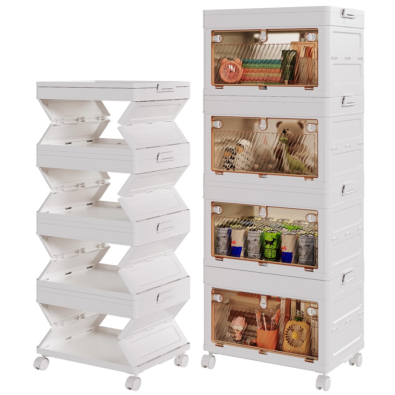 NEW Integrated Storage Boxes with Lid 40L*4 Tier One-Piece Design Plastic Storage Boxes, Flip-Door Foldable Stackable Bins with Wheels, Stackable Drawers Containers for Home Office Organisation