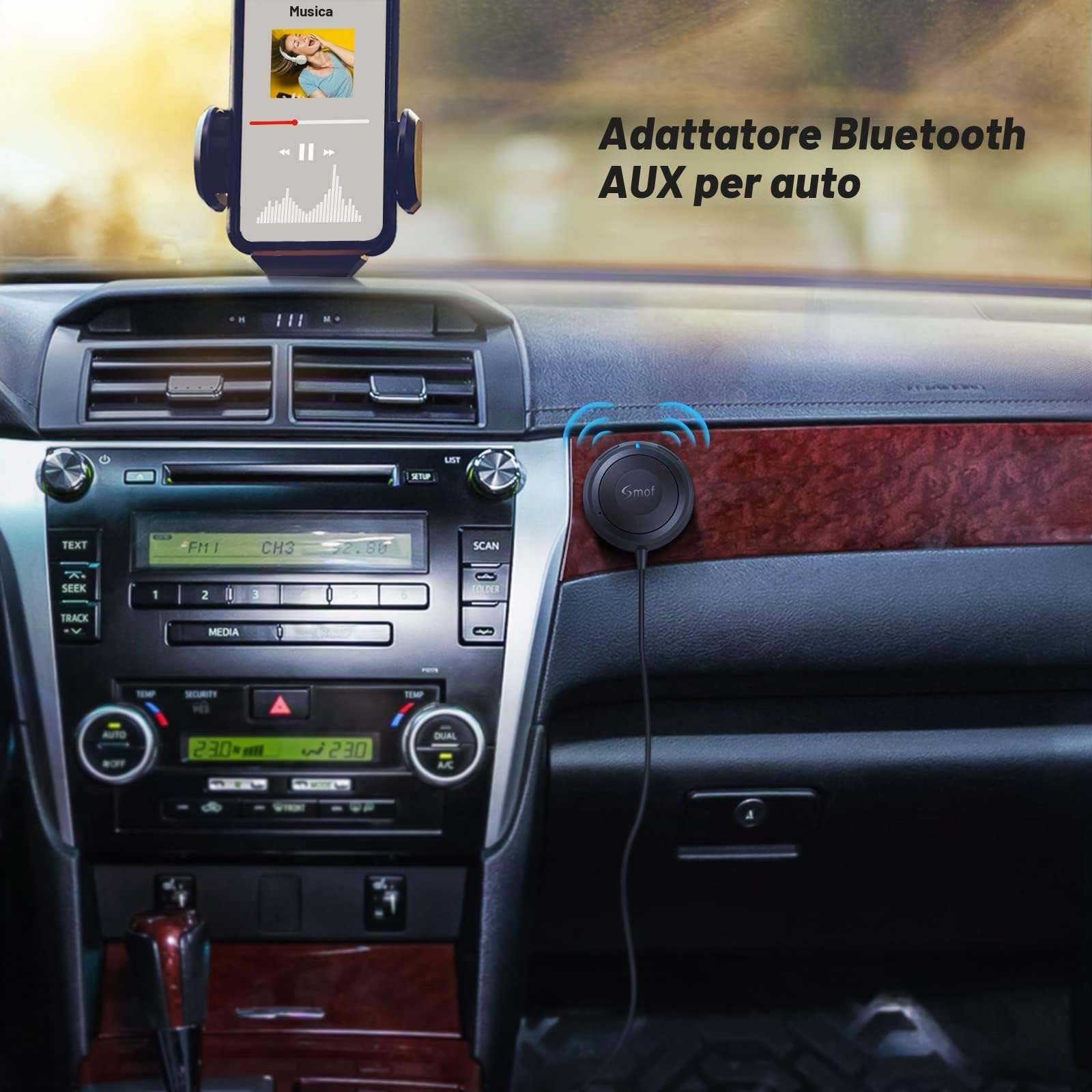 Kit Bluetooth per auto, adattatore AUX con isolatore di rumore e loop di terra, per parlare in vivavoce e musica in streaming, ricevitore Bluetooth con caricatore USB a doppia presa