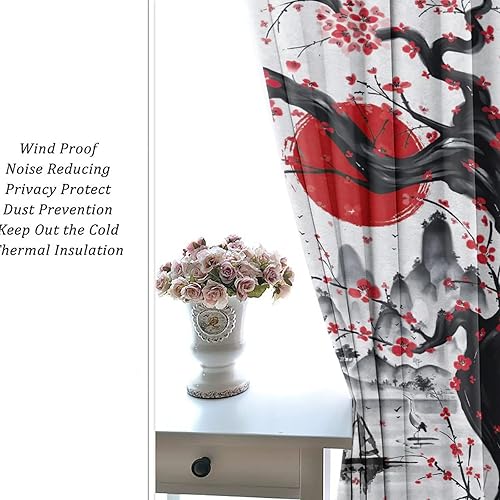 Miniatura 6 de Cortinas opacas japonesas retro para dormitorio, tinta de acuarela, samurái, sol rojo, montaña, cerezo, flores, ojales, aislamiento térmico,