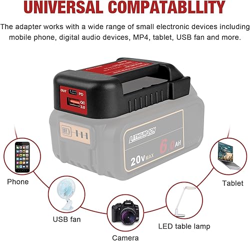 Miniatura 7 de Paquete de 2 adaptadores de cargador USB compatibles con batería Dewalt de iones de litio de 20 V con salida USB e interfaz de carga rápida tipo C