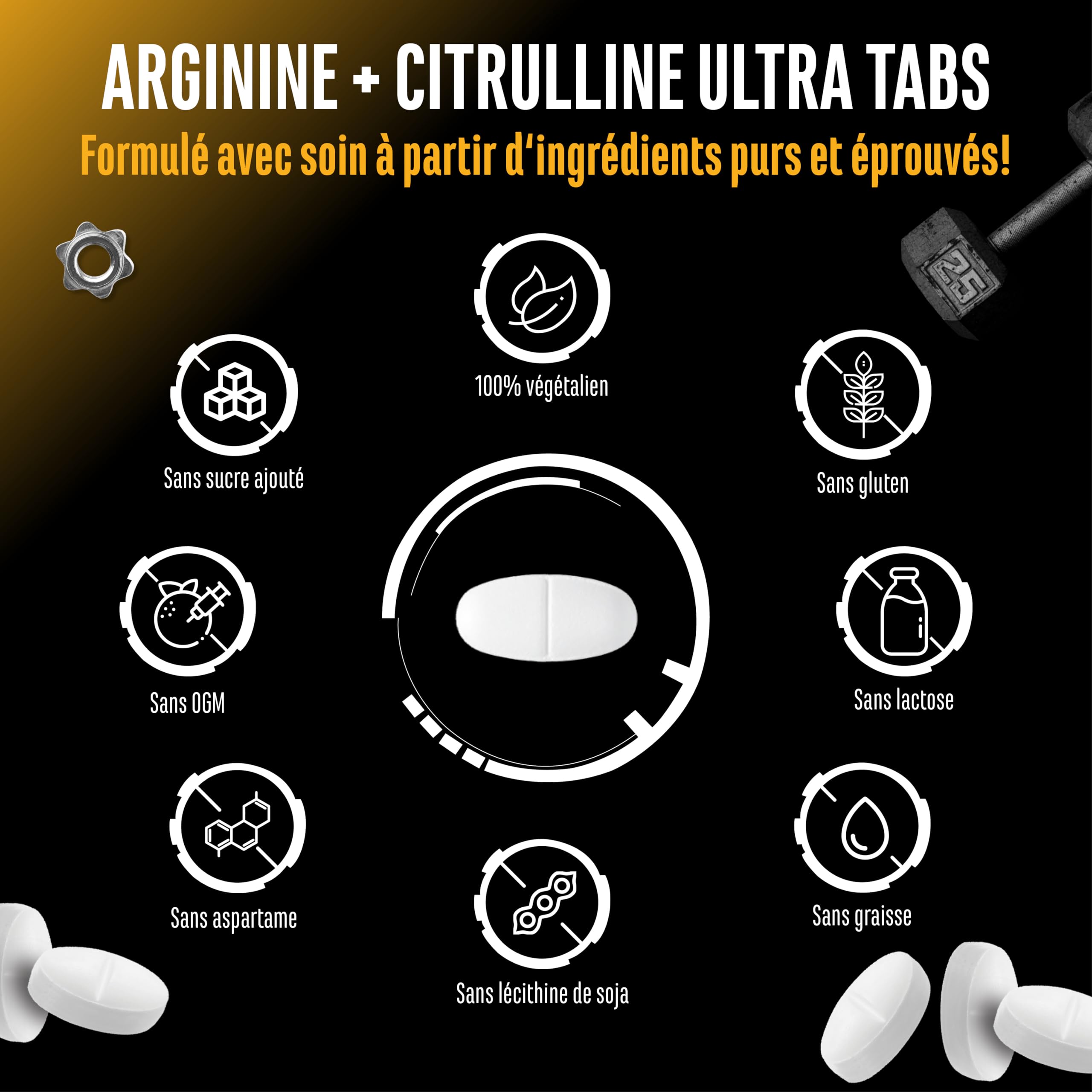 L-arginine + L-citrulline Ultra comprimés - 300 comprimés avec 1100 mg - Association à haute dose de L-arginine base et L-citrulline malate 2:1 - Végan