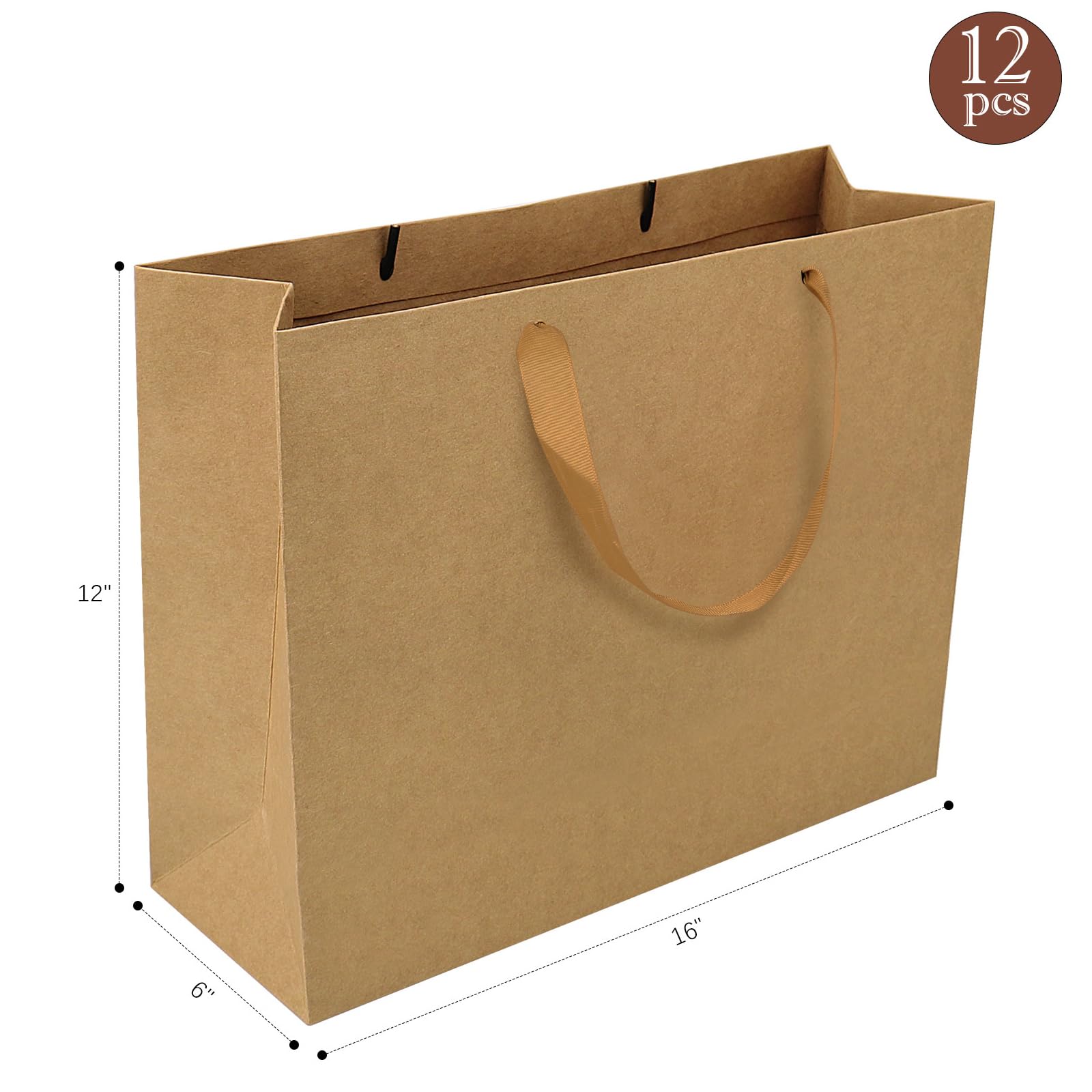 QIELSER 12 szt. torebek na prezenty kraftowe, duże rozmiary, 40 x 15 x 30 cm, brązowe torby na zakupy z papieru kraftowego z uchwytami wstążkowymi, torby na upominki imprezowe, torby na zakupy, torby