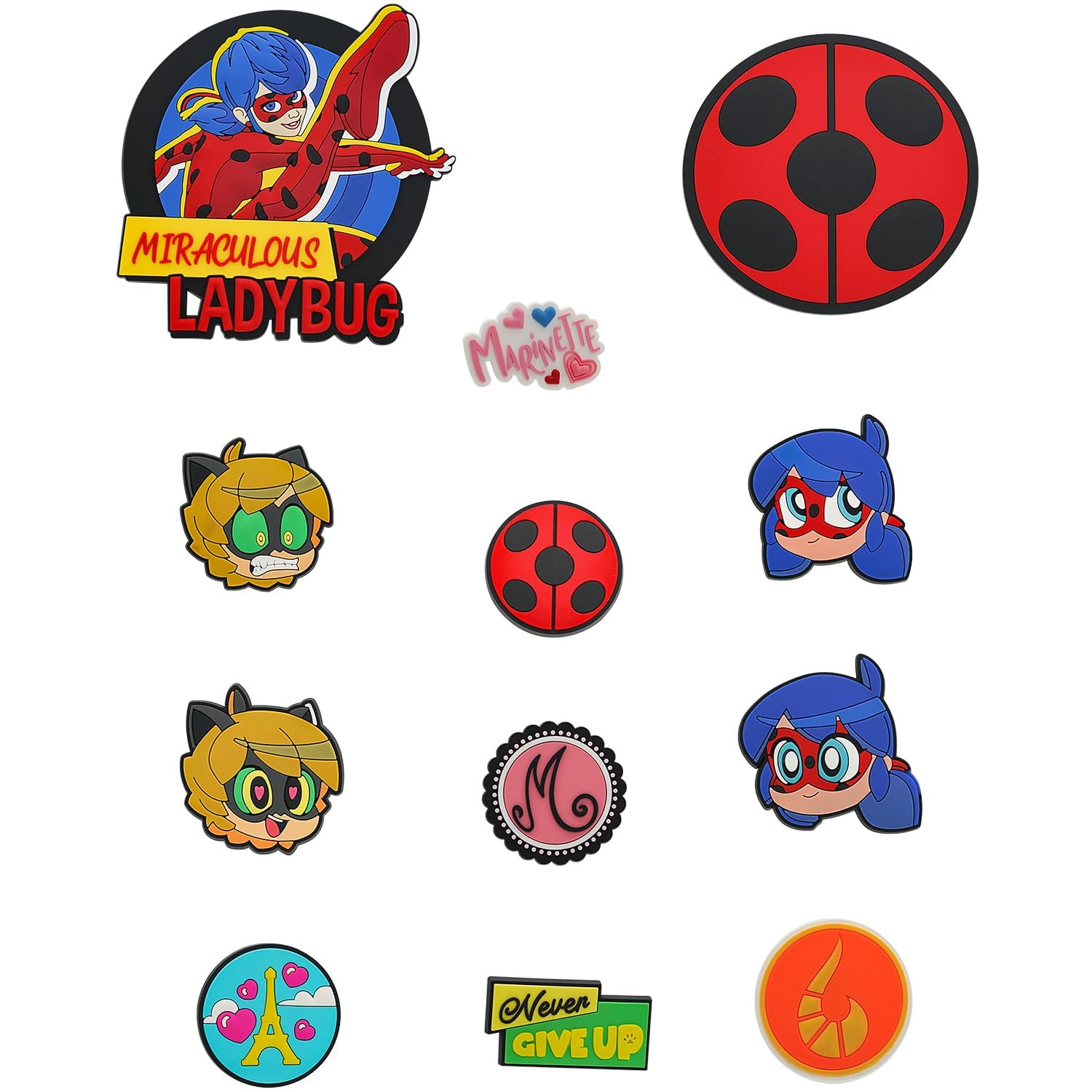 Ladybug - Pop n' Swop 12 Assorted Ladybug and Cat Noir Badges, Regular and XXL Clip-on Badges, compatible with Pop n' Swop Purses, Shoulder Bag and Backpacks (Wyncor)