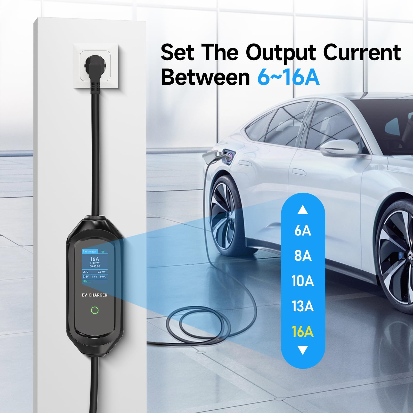 Cavo Ricarica Auto Elettrica Tipo 2 Schuko, 6/8/10/13/16A 3.6kW, Ricarica Auto Elettrica Portatile, Cavo Ricarica Auto Elettrica Tipo 2 con Borsa, IEC 62196-2, 6M