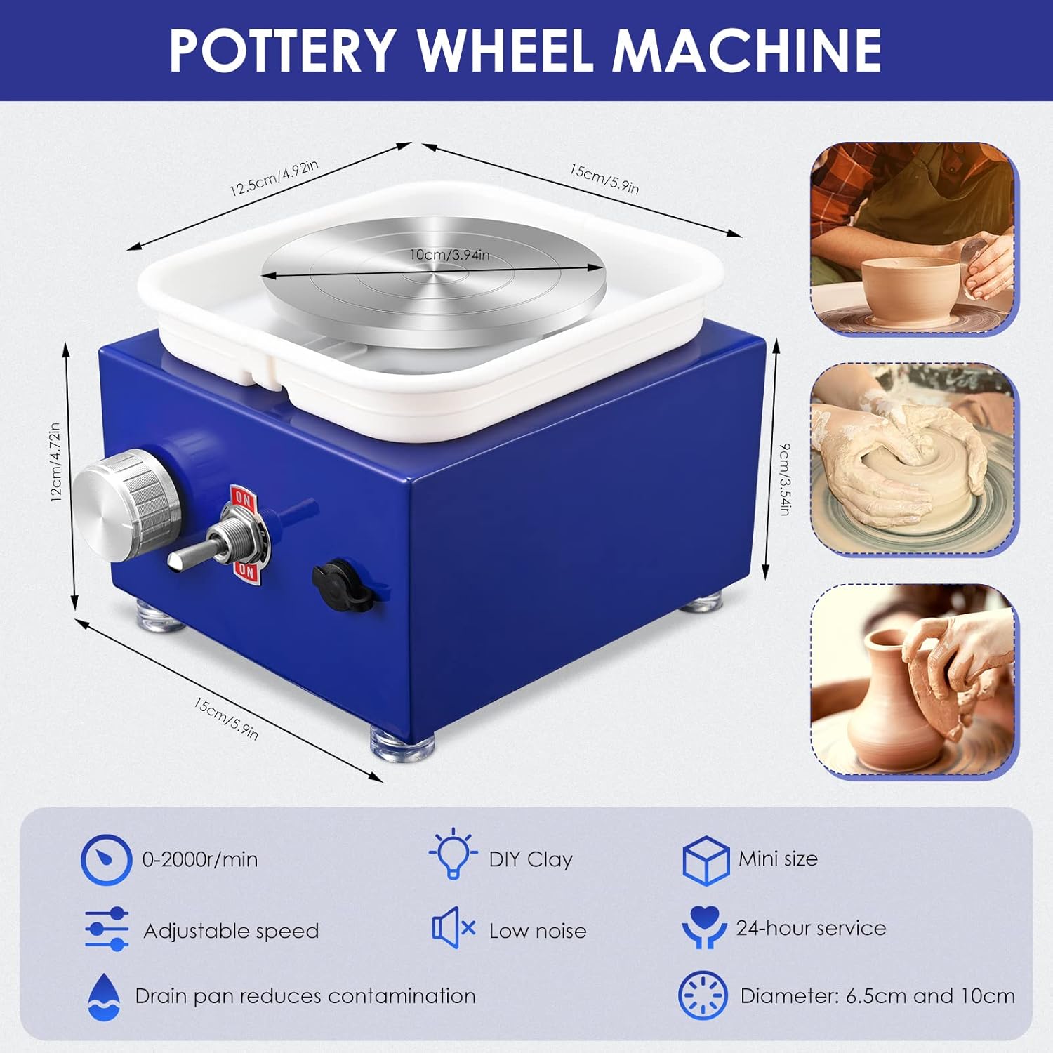 Mini Pottery Wheel Machine for Adults & Beginners, 2 Turntables (3.94" & 2.56") | 0-2000 RPM Adjustable Speed Pottery Machine Removable Splash Tray Ceramic Making Kit Includes 8 Sculpting Tools Blue
