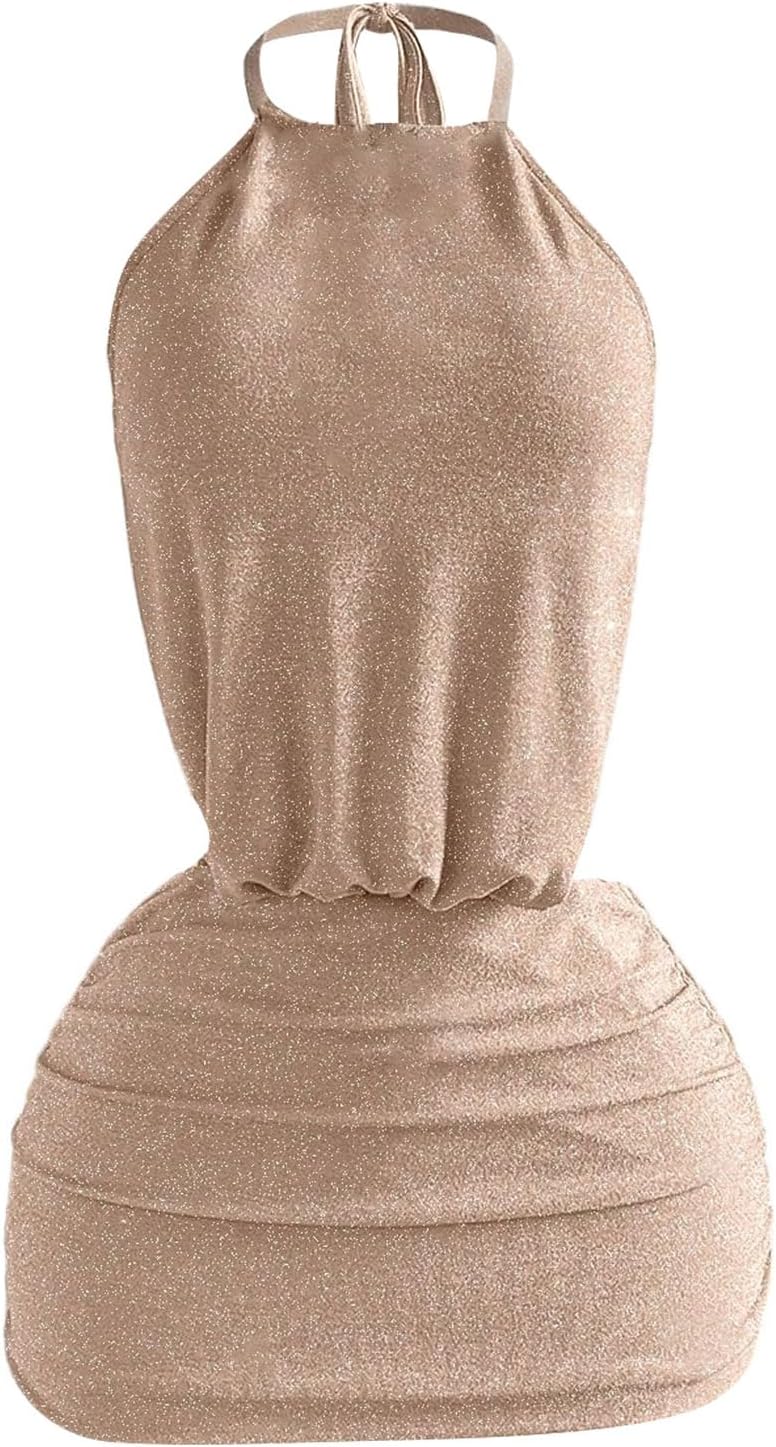 SOLY HUX Women's Open Back Halter Mini Dress Sleeveless Tie Backless Ruched Bodycon Party Club Dresses